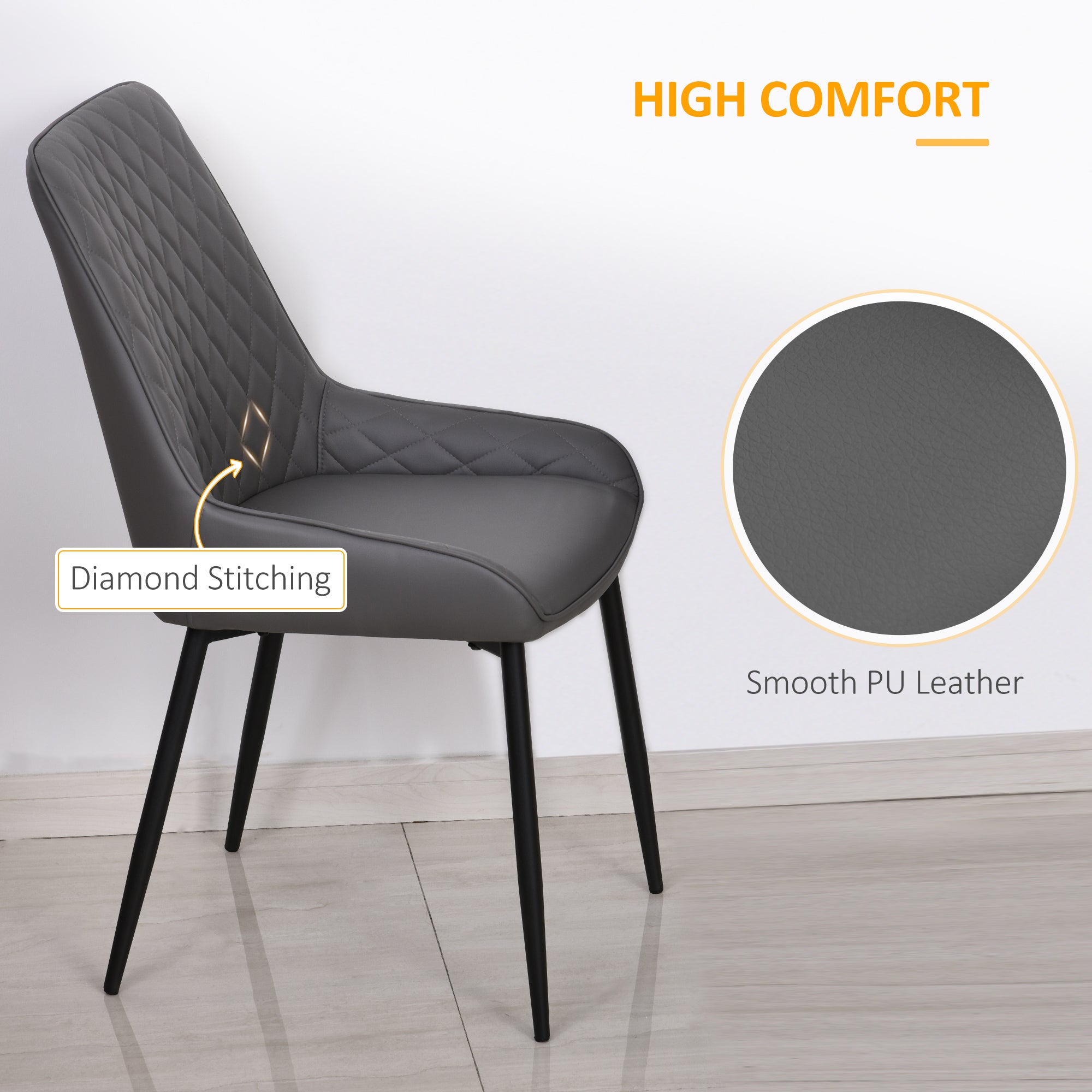 HOMCOM Dining Chairs Set of 2, Modern PU Leather Upholstered Kitchen Chairs with Diamond Tufted Backs and Steel Legs for Living Room, Dining Room, Bedroom, Grey