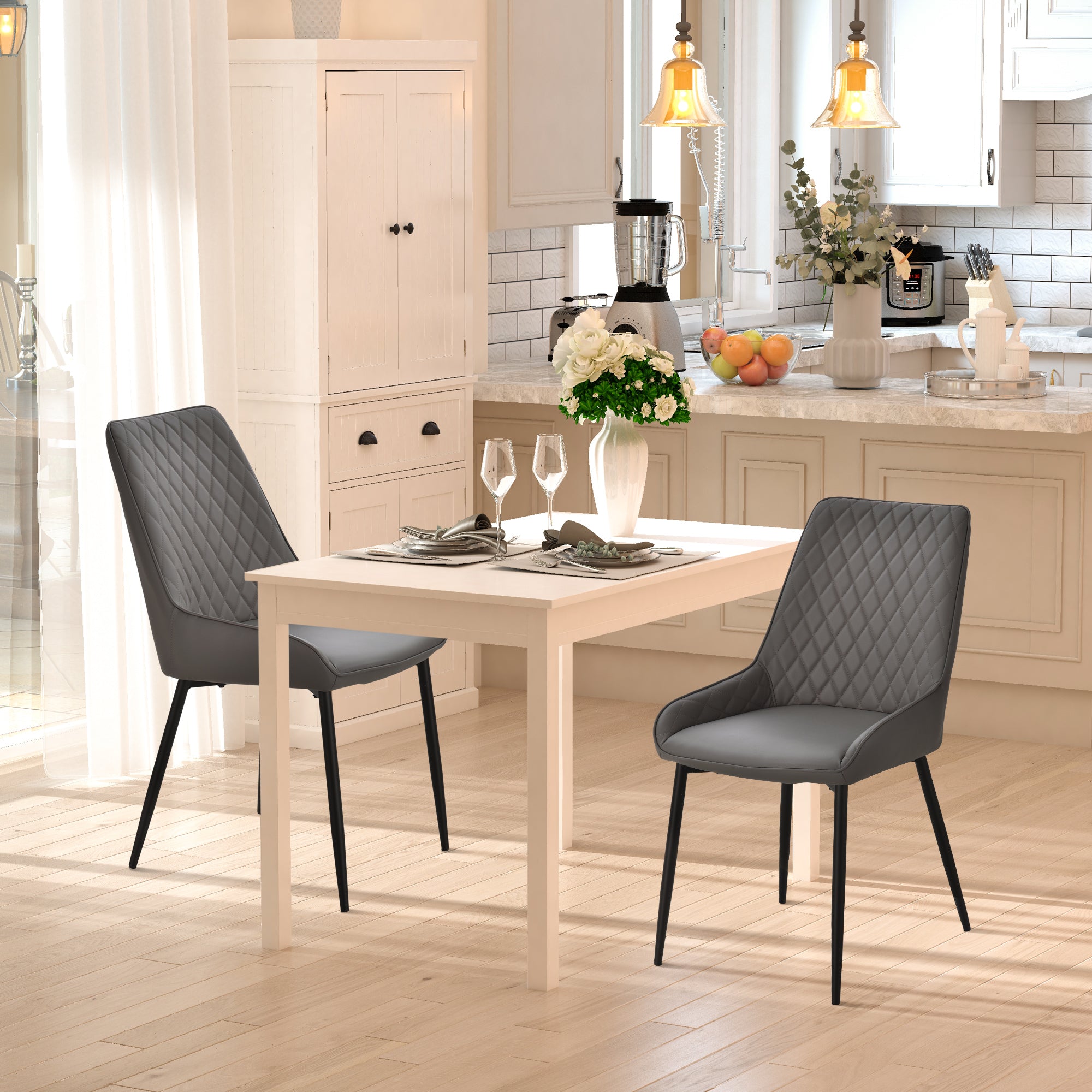 HOMCOM Dining Chairs Set of 2, Modern PU Leather Upholstered Kitchen Chairs with Diamond Tufted Backs and Steel Legs for Living Room, Dining Room, Bedroom, Grey