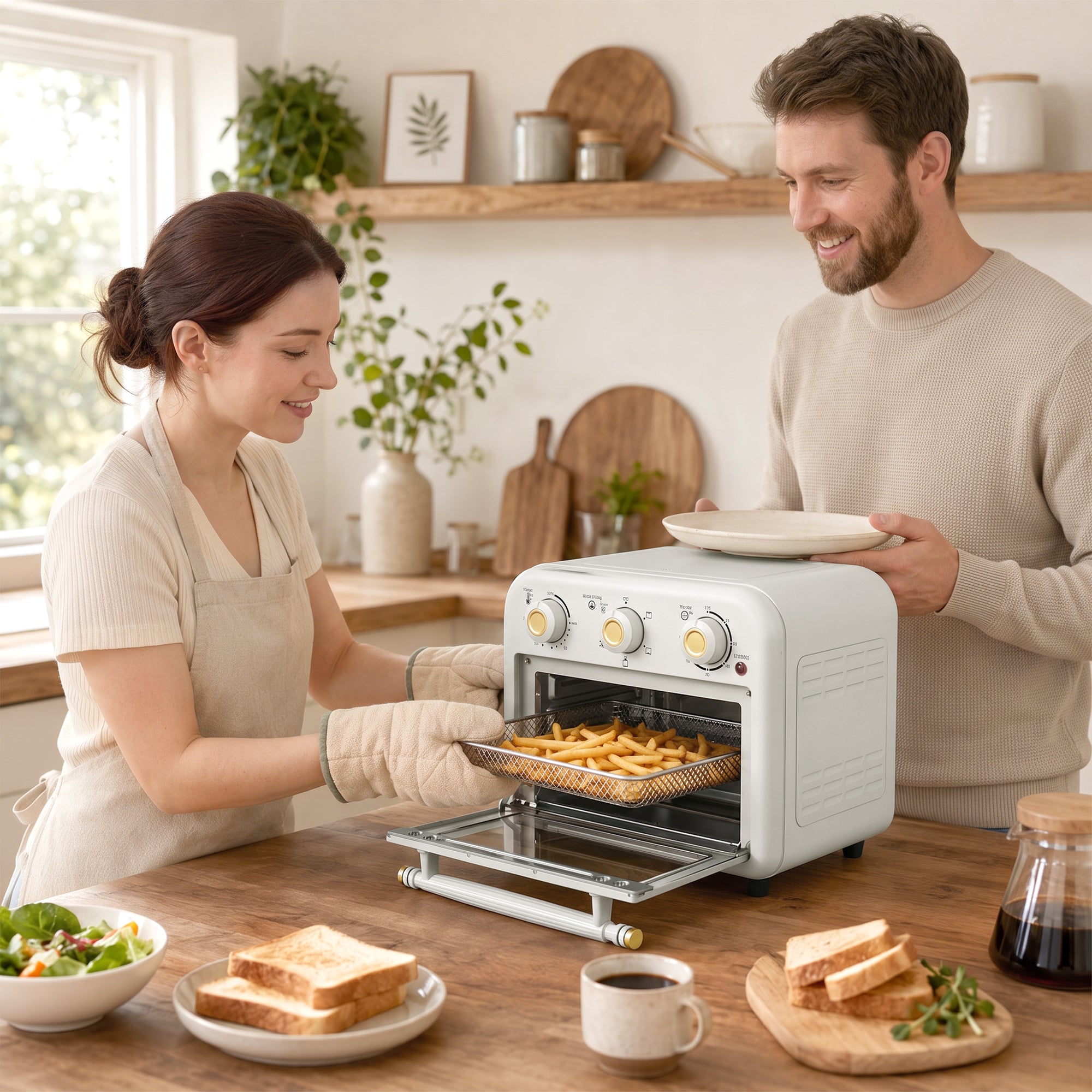 Air Fryer Oven, 12 L Small Convection Countertop Toaster Oven with Knob Controls, Baking Tray and Fry Basket, Adjustable Temperature, Timer, Dishwasher Safe, 1200W, Steel, Cream White