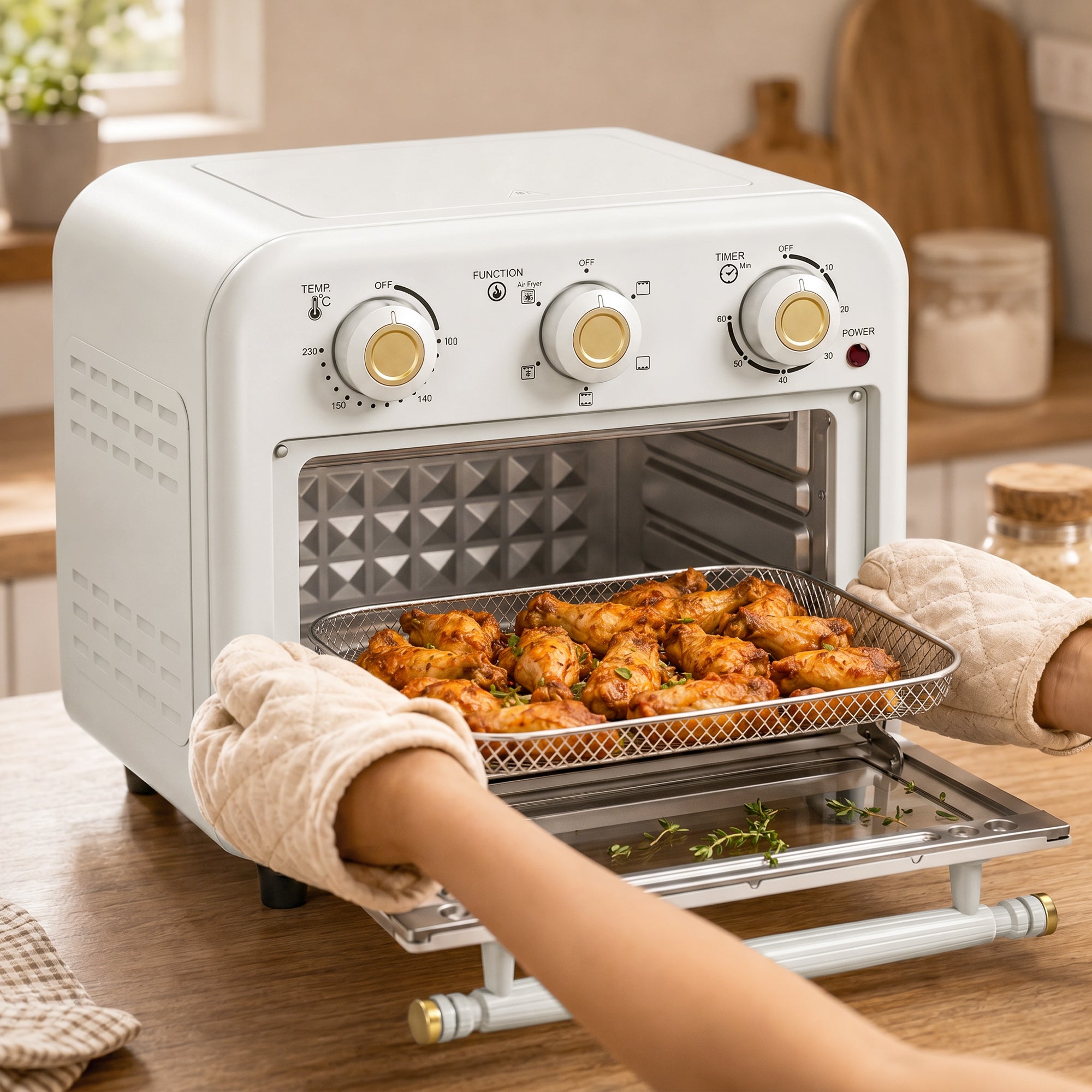 Air Fryer Oven, 12 L Small Convection Countertop Toaster Oven with Knob Controls, Baking Tray and Fry Basket, Adjustable Temperature, Timer, Dishwasher Safe, 1200W, Steel, Cream White