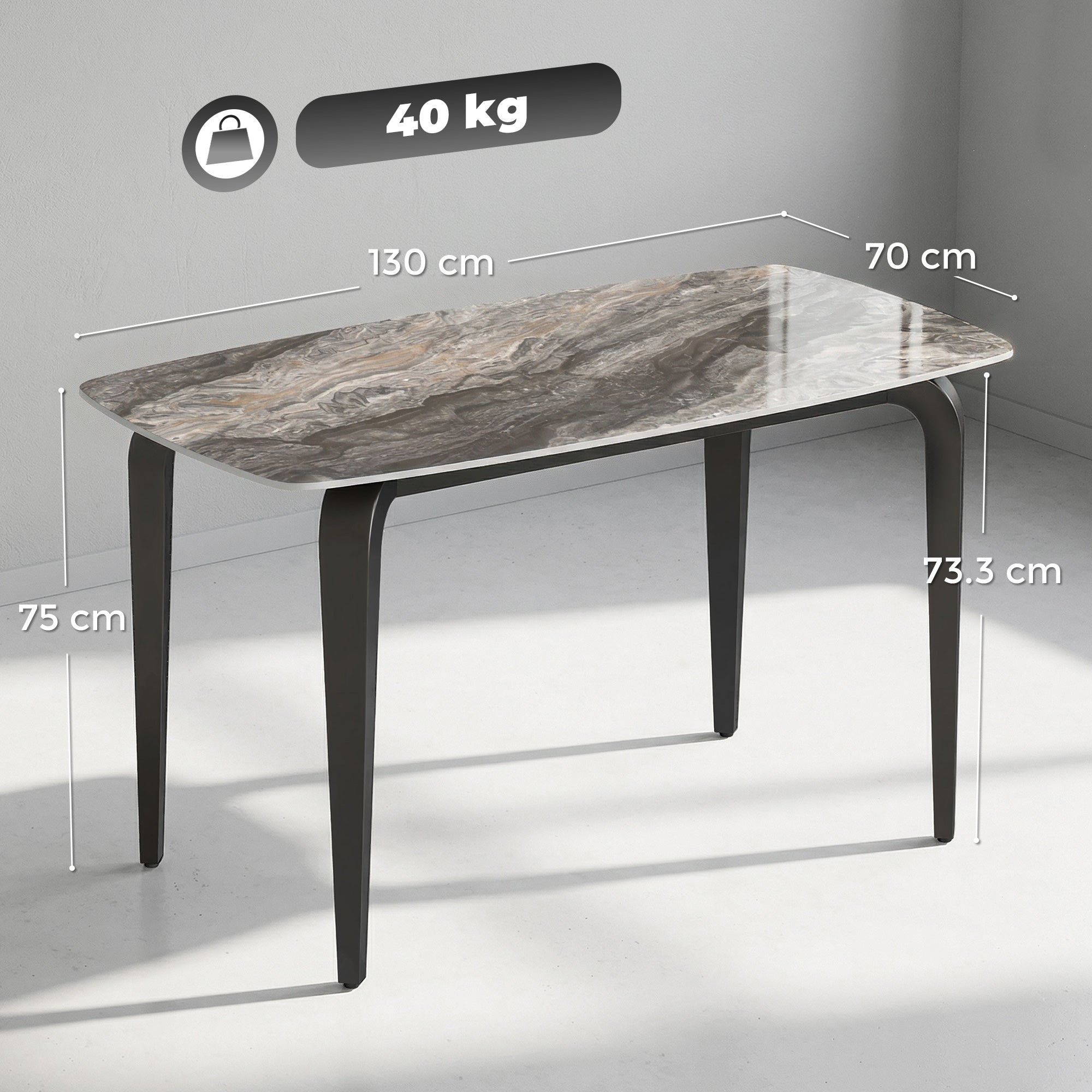 Dining Table for 4, 130W x 70D x 75H cm, Modern Kitchen Table with Sintered Stone Tabletop, Metal Legs for Dining Room, Kitchen, Living Room, Brown