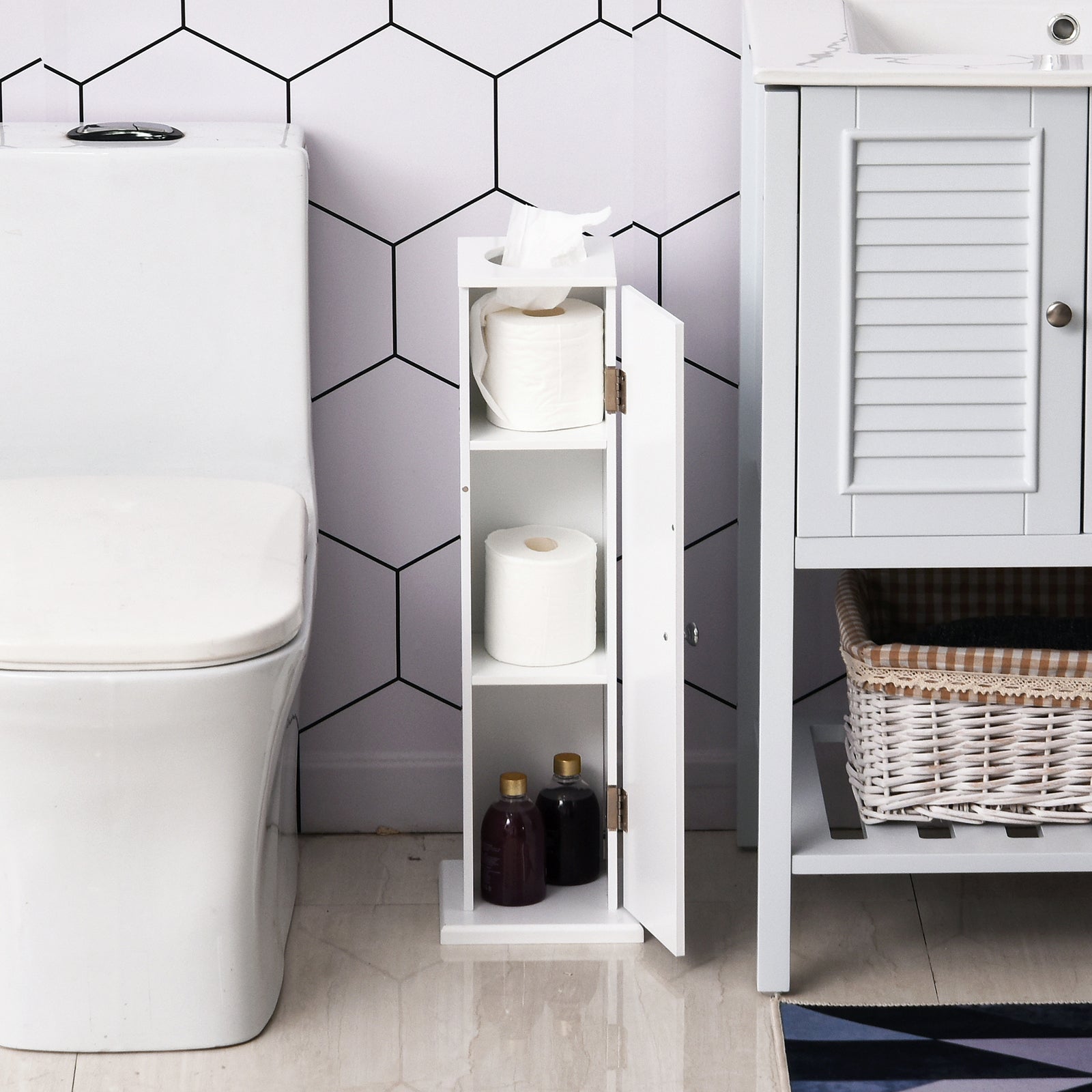 Small Toilet Paper Cabinet, Bathroom Corner Cabinet with Doors and Shelves, White - HOMCOM