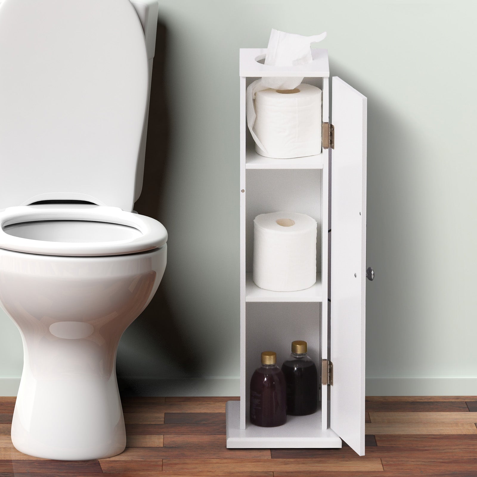 Small Toilet Paper Cabinet, Bathroom Corner Cabinet with Doors and Shelves, White - HOMCOM