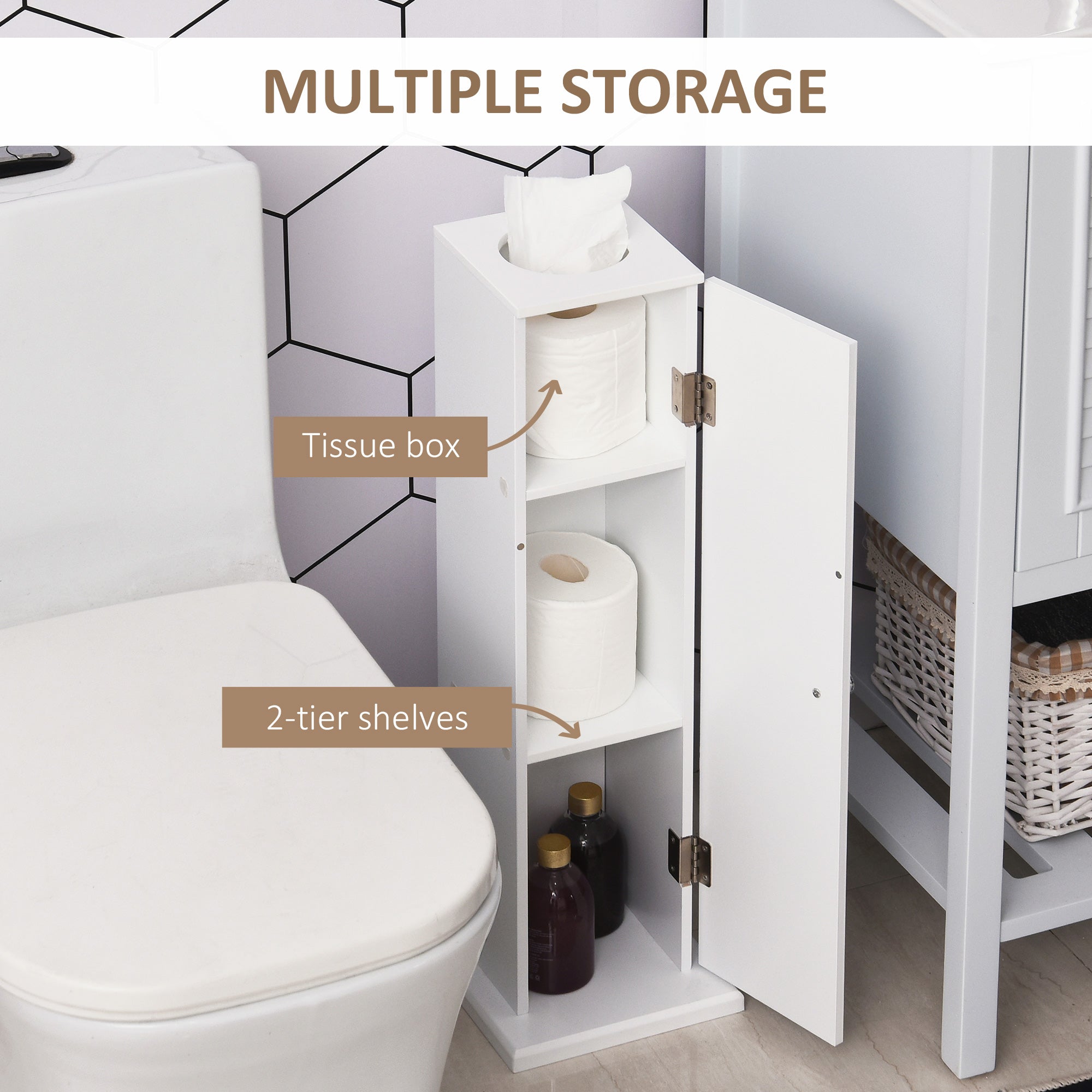 Small Toilet Paper Cabinet, Bathroom Corner Cabinet with Doors and Shelves, White - HOMCOM