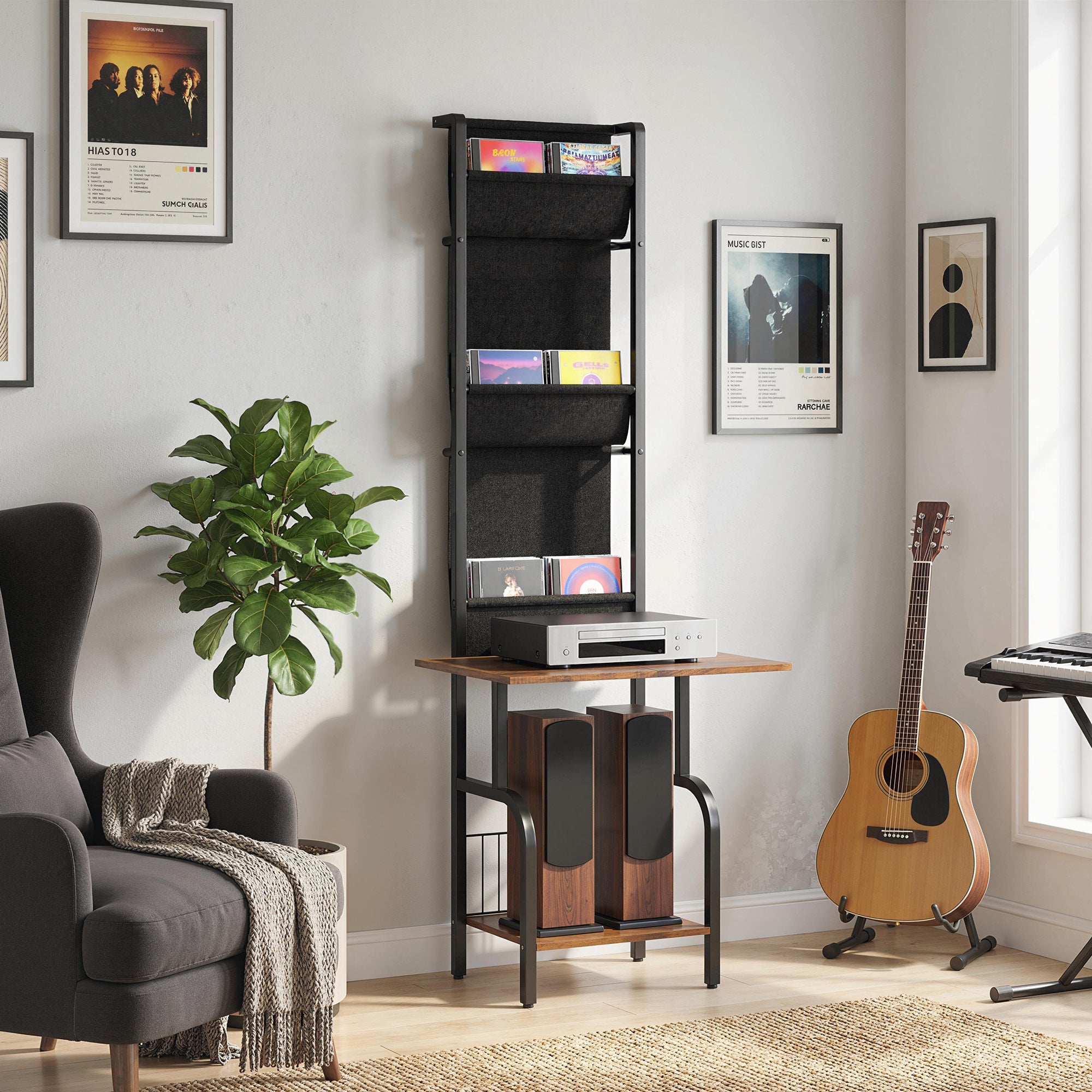 Vinyl Record Storage with Player Stand, Turntable Stand and Display Shelf, CD Storage Unit for Up to 40 CDs, Record Player Table for Living Room or Bedroom, Rustic Brown and Black