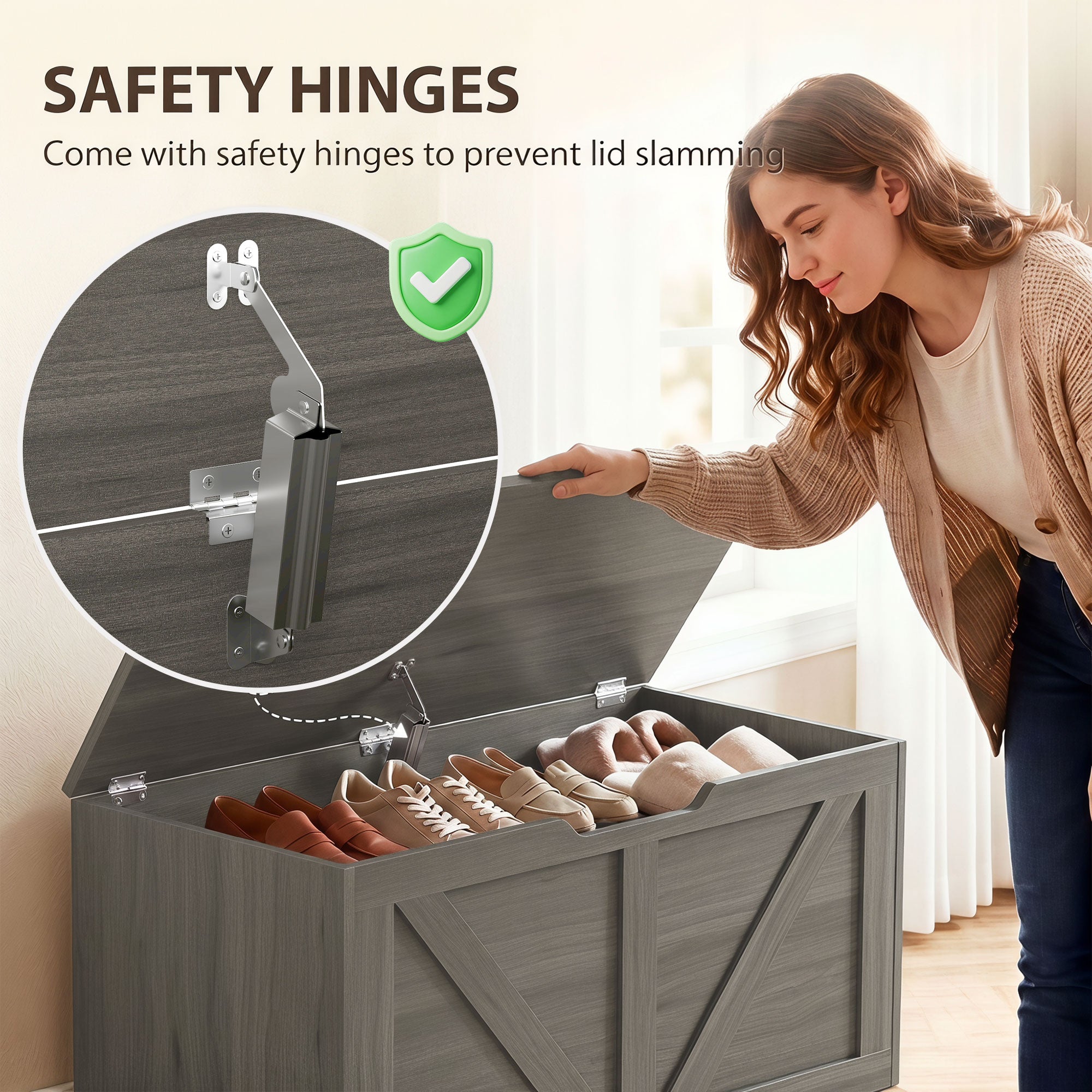 100L Storage Chest, Shoe Storage Trunk Bench Box with Safety Hinge and U-shaped Cut-out Pull, Blanket Box Ottoman for Bedroom, Living Room, Entryway, 80 x 40 x 45 cm, Dark Grey Wood-Effect