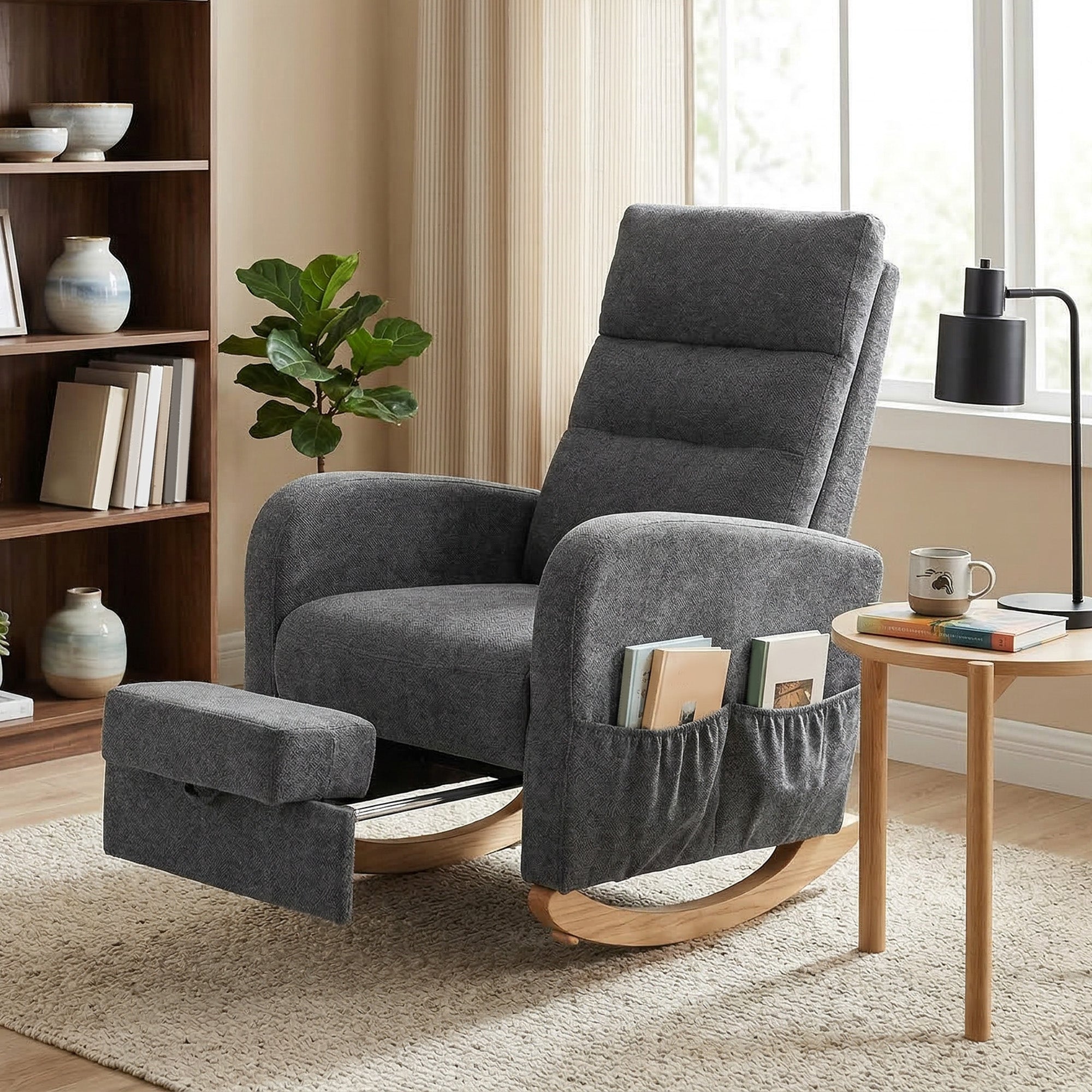 Upholstered Rocking Chair with Retractable Footrest, Modern Armchair with High Back, Plywood Frame and Rubberwood Feet for Living Room, Bedroom, Grey