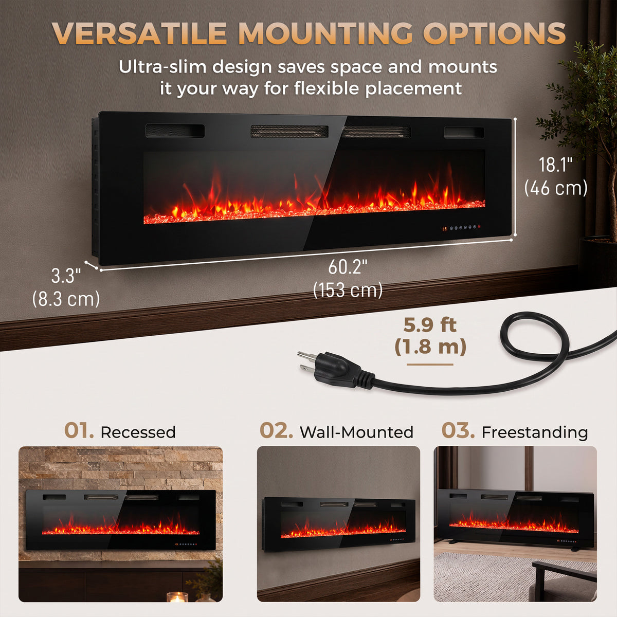 60\" Electric Fireplace Insert, Ultra-Thin Recessed, Wall Mounted and Freestanding Fireplace w/ Flame Effect, Adjustable Brightness, Crystal Stone, Remote, 750W/1500W, Black