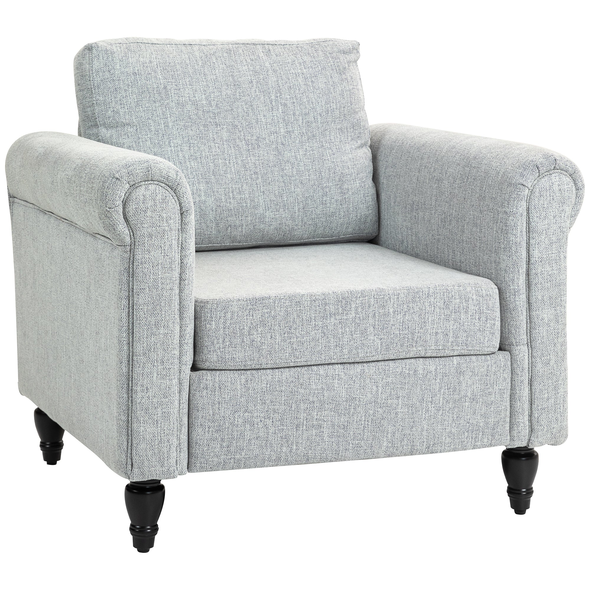 HOMCOM Vintage Armchair, Upholstered Accent Chair with Back Pillow, Rolled Arms and Gourd-Shaped Rubber Wood Legs, Single Sofa for Living Room, Reading Room, Light Grey