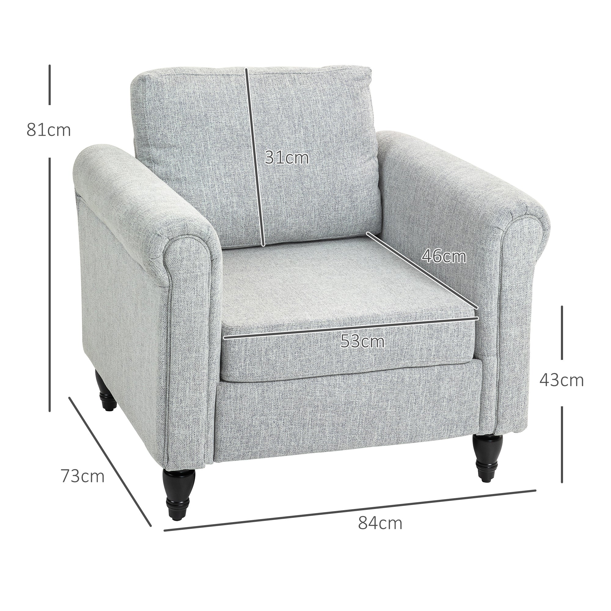 HOMCOM Vintage Armchair, Upholstered Accent Chair with Back Pillow, Rolled Arms and Gourd-Shaped Rubber Wood Legs, Single Sofa for Living Room, Reading Room, Light Grey
