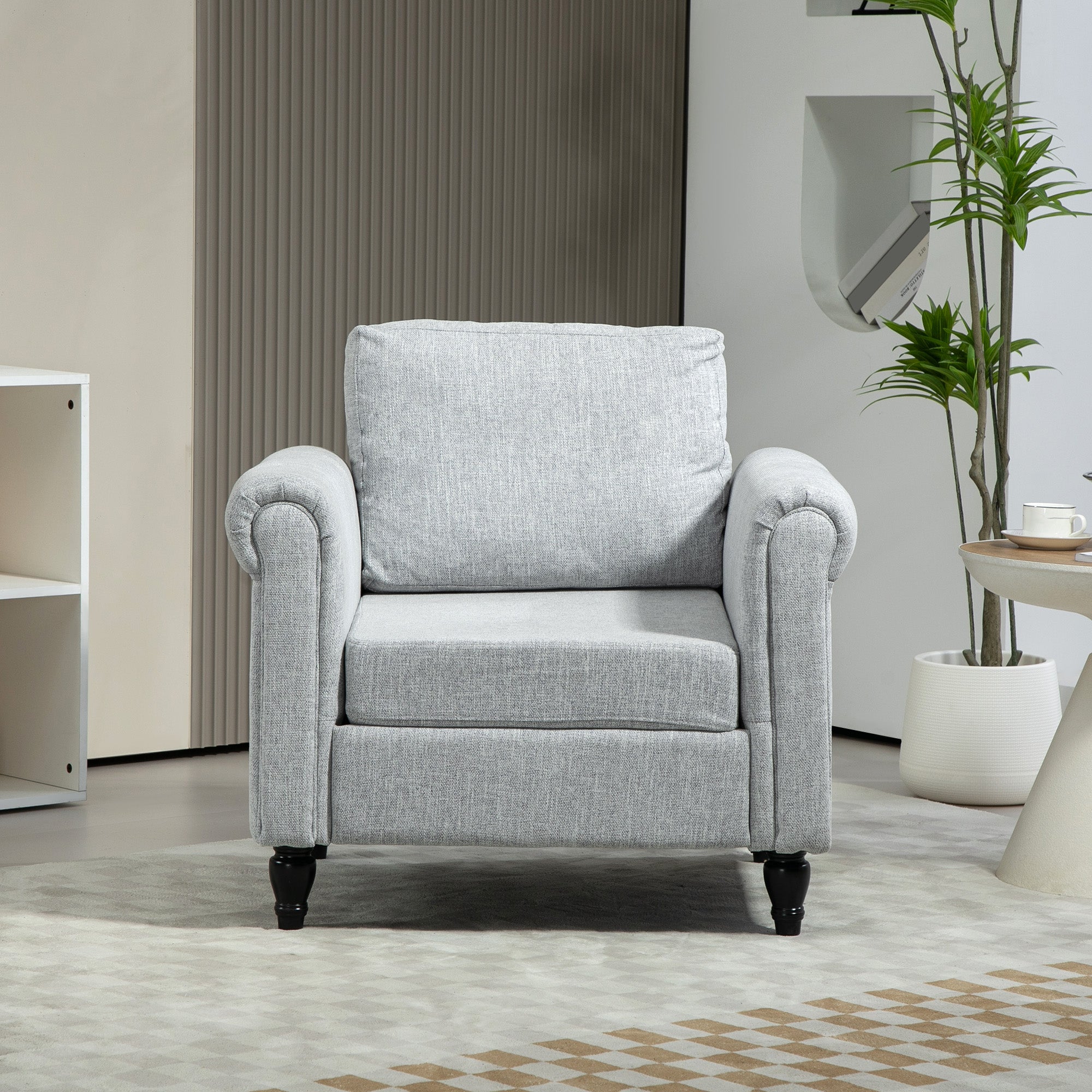 HOMCOM Vintage Armchair, Upholstered Accent Chair with Back Pillow, Rolled Arms and Gourd-Shaped Rubber Wood Legs, Single Sofa for Living Room, Reading Room, Light Grey