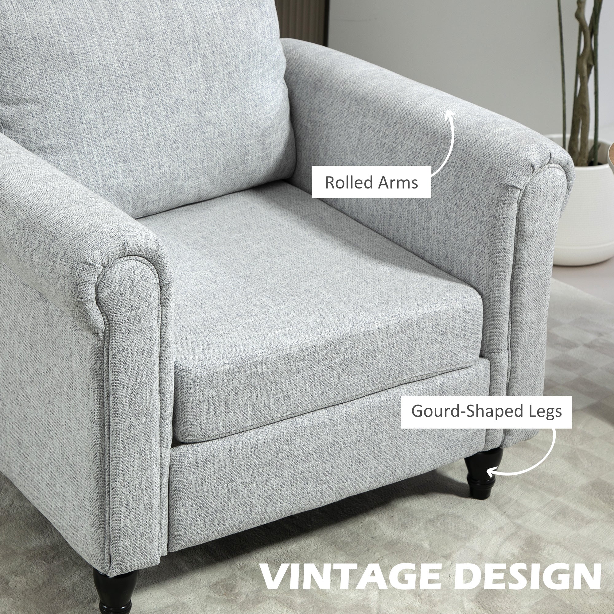 HOMCOM Vintage Armchair, Upholstered Accent Chair with Back Pillow, Rolled Arms and Gourd-Shaped Rubber Wood Legs, Single Sofa for Living Room, Reading Room, Light Grey