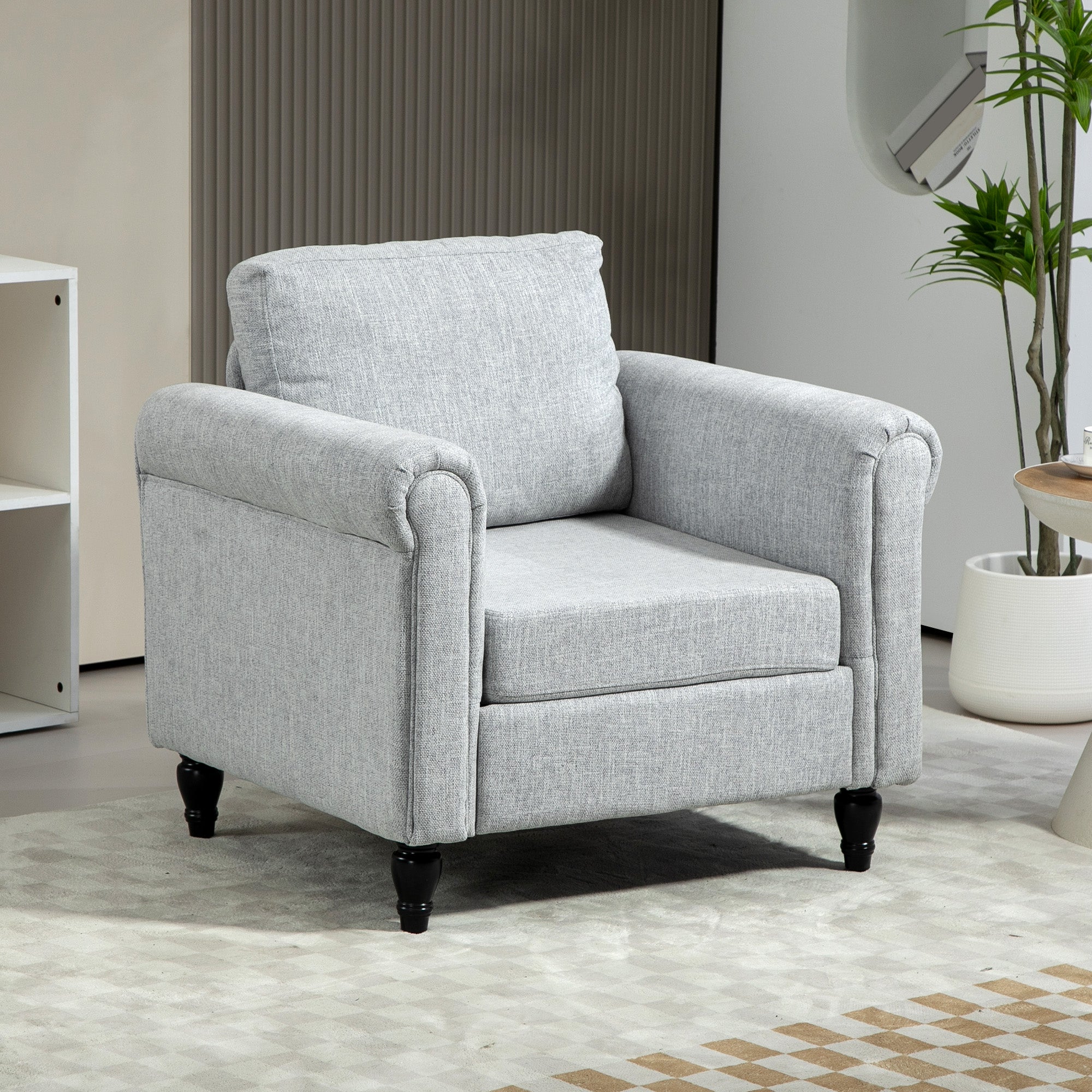HOMCOM Vintage Armchair, Upholstered Accent Chair with Back Pillow, Rolled Arms and Gourd-Shaped Rubber Wood Legs, Single Sofa for Living Room, Reading Room, Light Grey