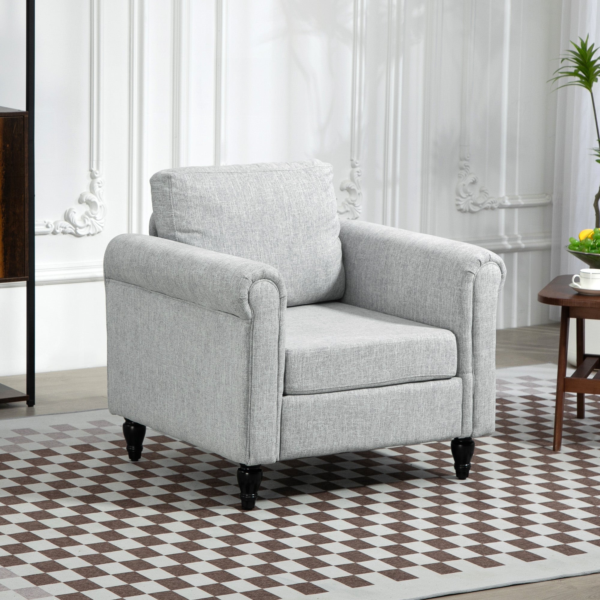 HOMCOM Vintage Armchair, Upholstered Accent Chair with Back Pillow, Rolled Arms and Gourd-Shaped Rubber Wood Legs, Single Sofa for Living Room, Reading Room, Light Grey