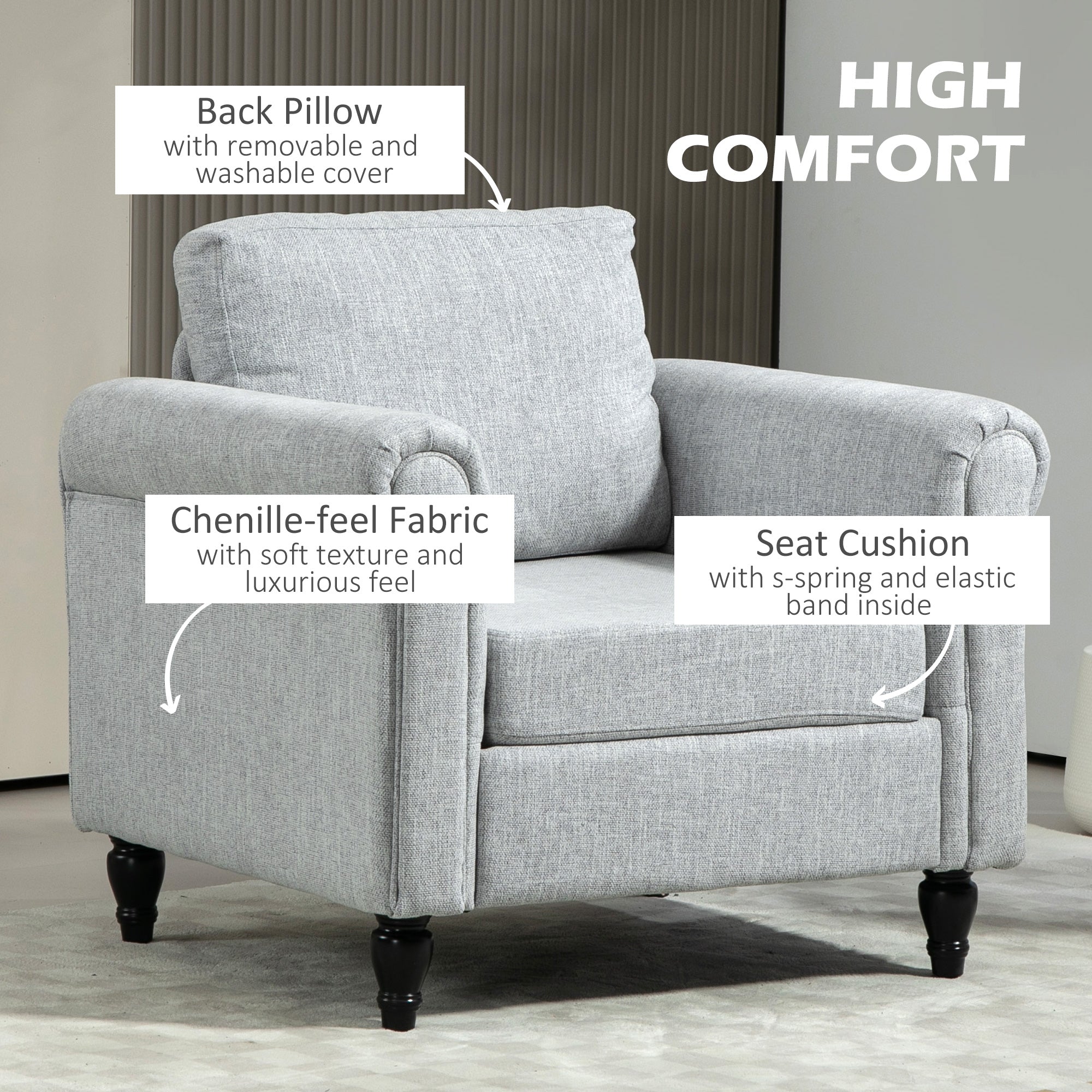 HOMCOM Vintage Armchair, Upholstered Accent Chair with Back Pillow, Rolled Arms and Gourd-Shaped Rubber Wood Legs, Single Sofa for Living Room, Reading Room, Light Grey