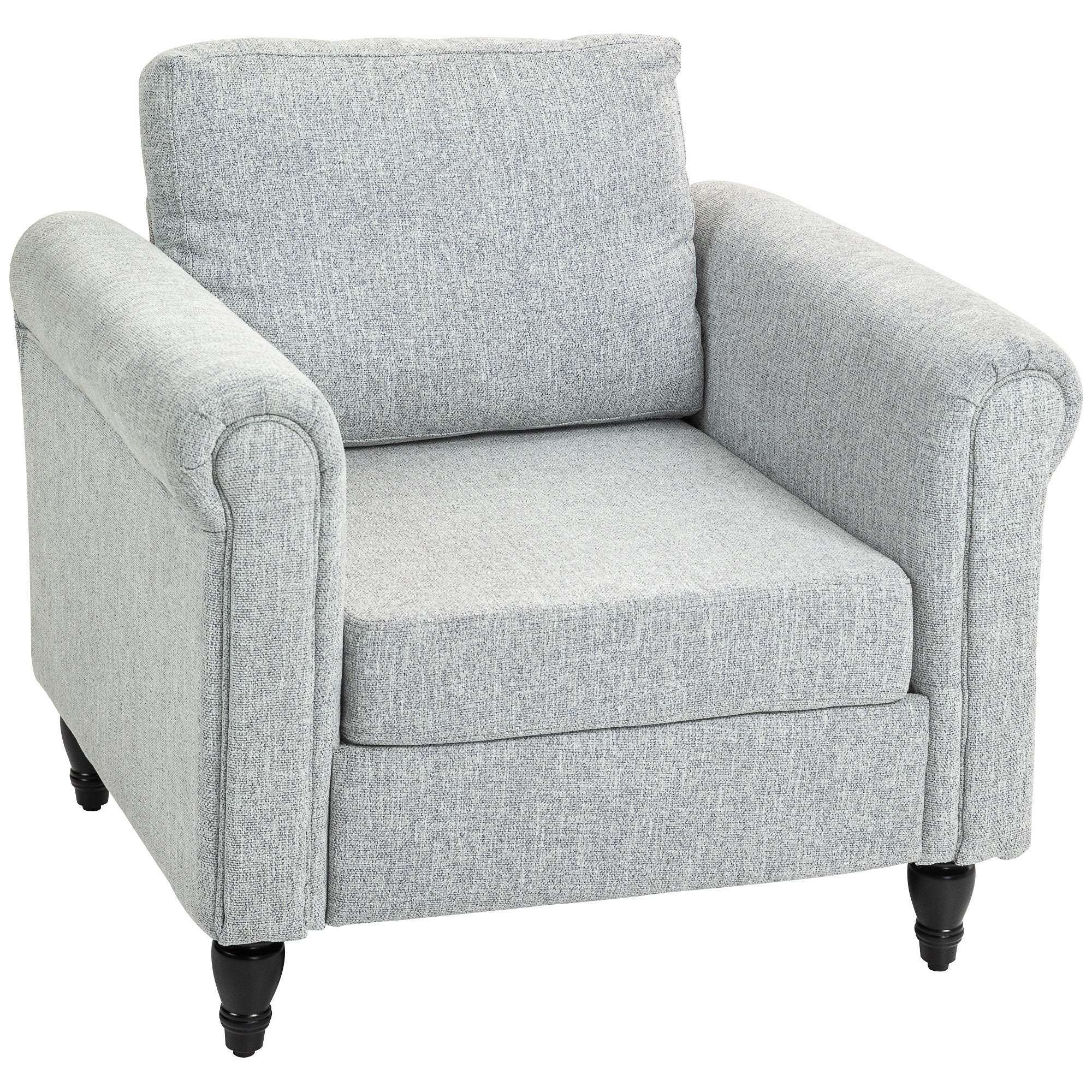 HOMCOM Vintage Armchair, Upholstered Accent Chair with Back Pillow, Rolled Arms and Gourd-Shaped Rubber Wood Legs, Single Sofa for Living Room, Reading Room, Light Grey