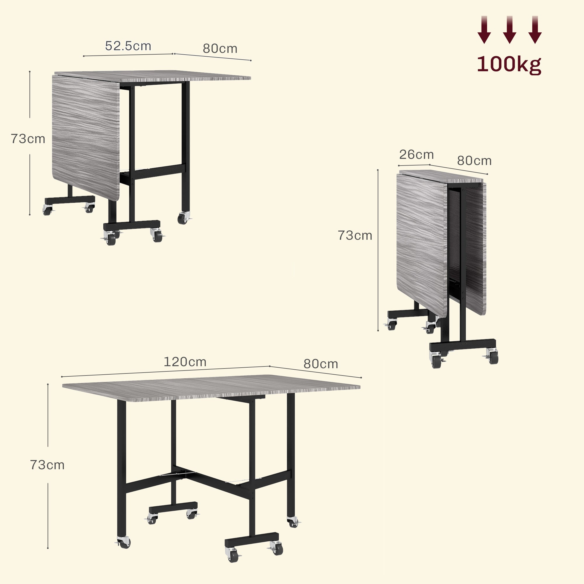 Mobile Drop Leaf Table, Folding Dining Table with 6 Wheels & Brakes, Kitchen Table for Small Spaces, Grey