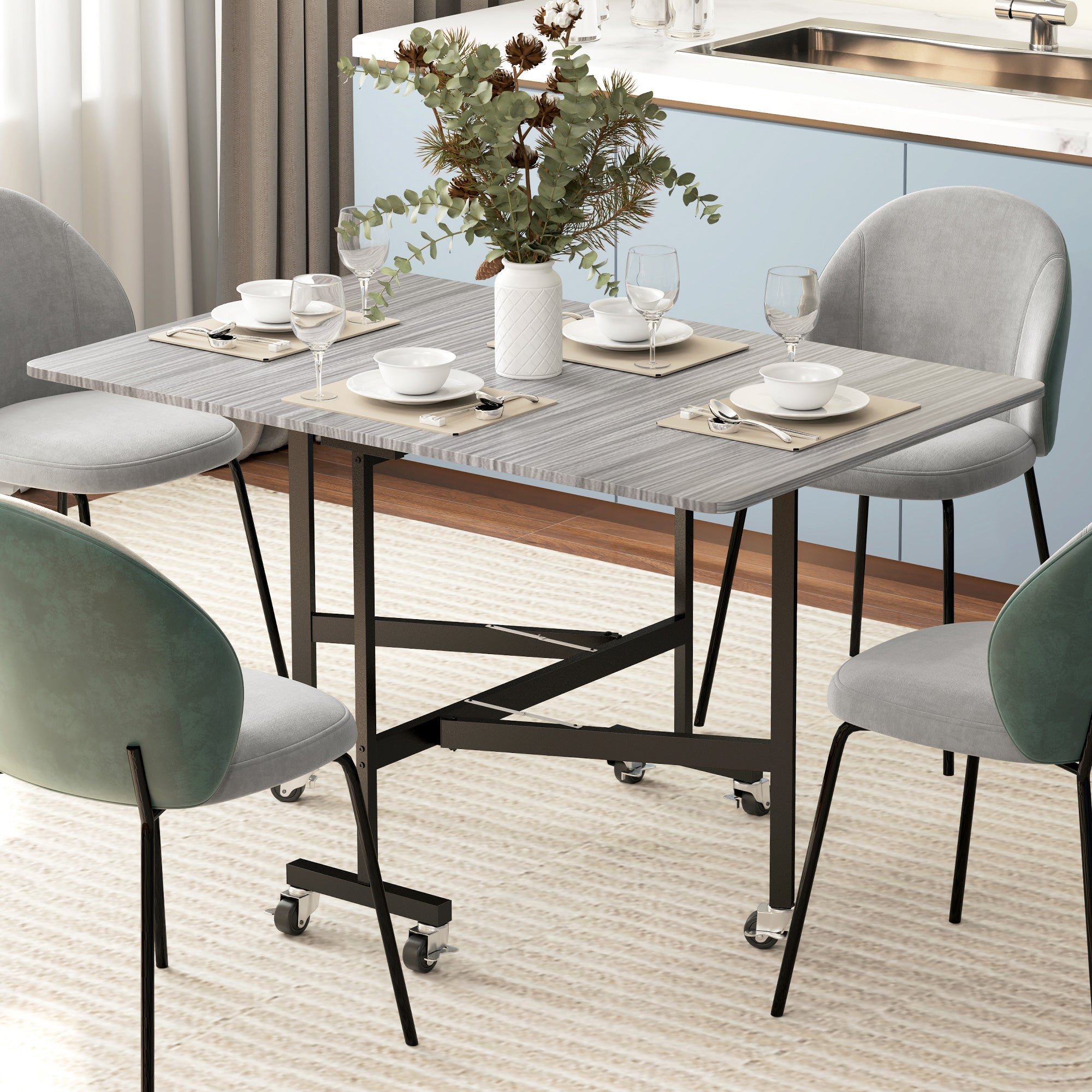 Mobile Drop Leaf Table, Folding Dining Table with 6 Wheels & Brakes, Kitchen Table for Small Spaces, Grey