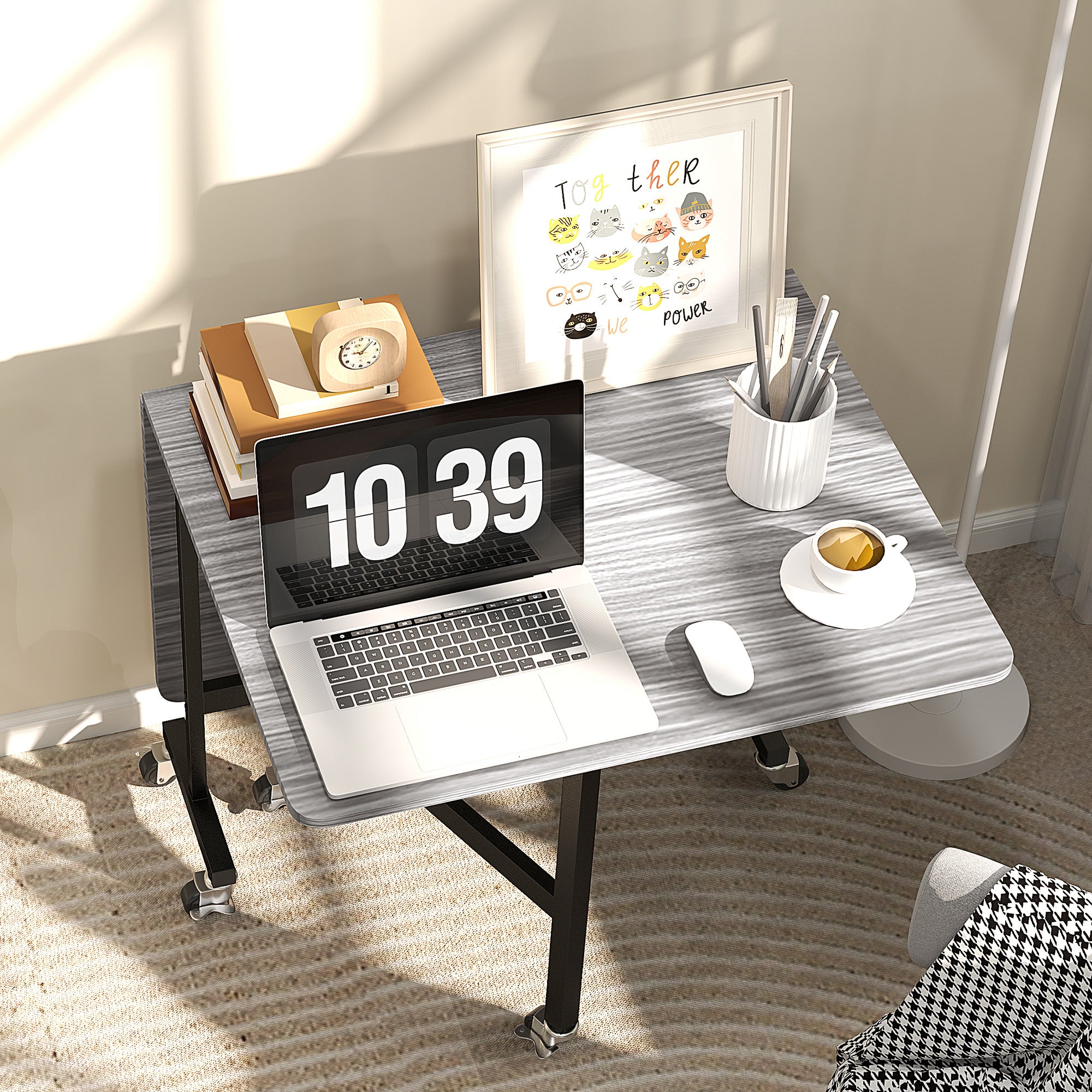 Mobile Drop Leaf Table, Folding Dining Table with 6 Wheels & Brakes, Kitchen Table for Small Spaces, Grey