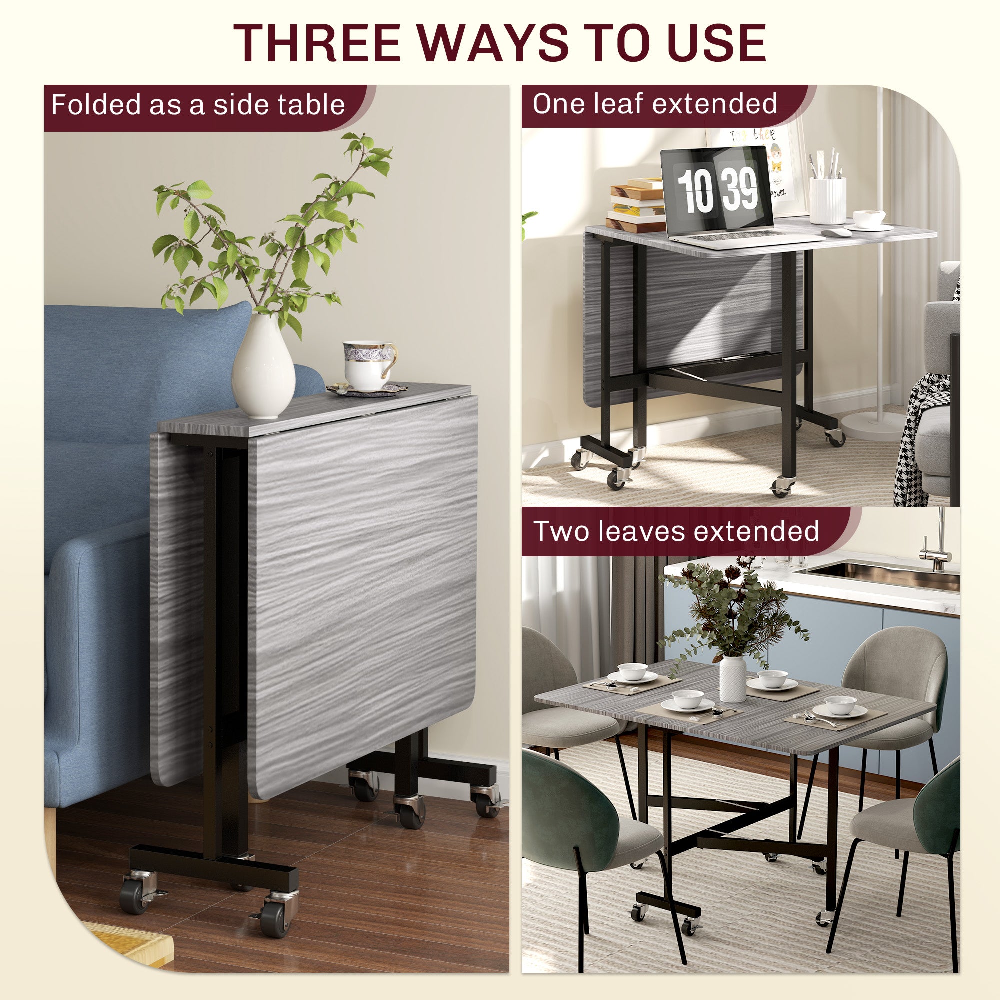 Mobile Drop Leaf Table, Folding Dining Table with 6 Wheels & Brakes, Kitchen Table for Small Spaces, Grey
