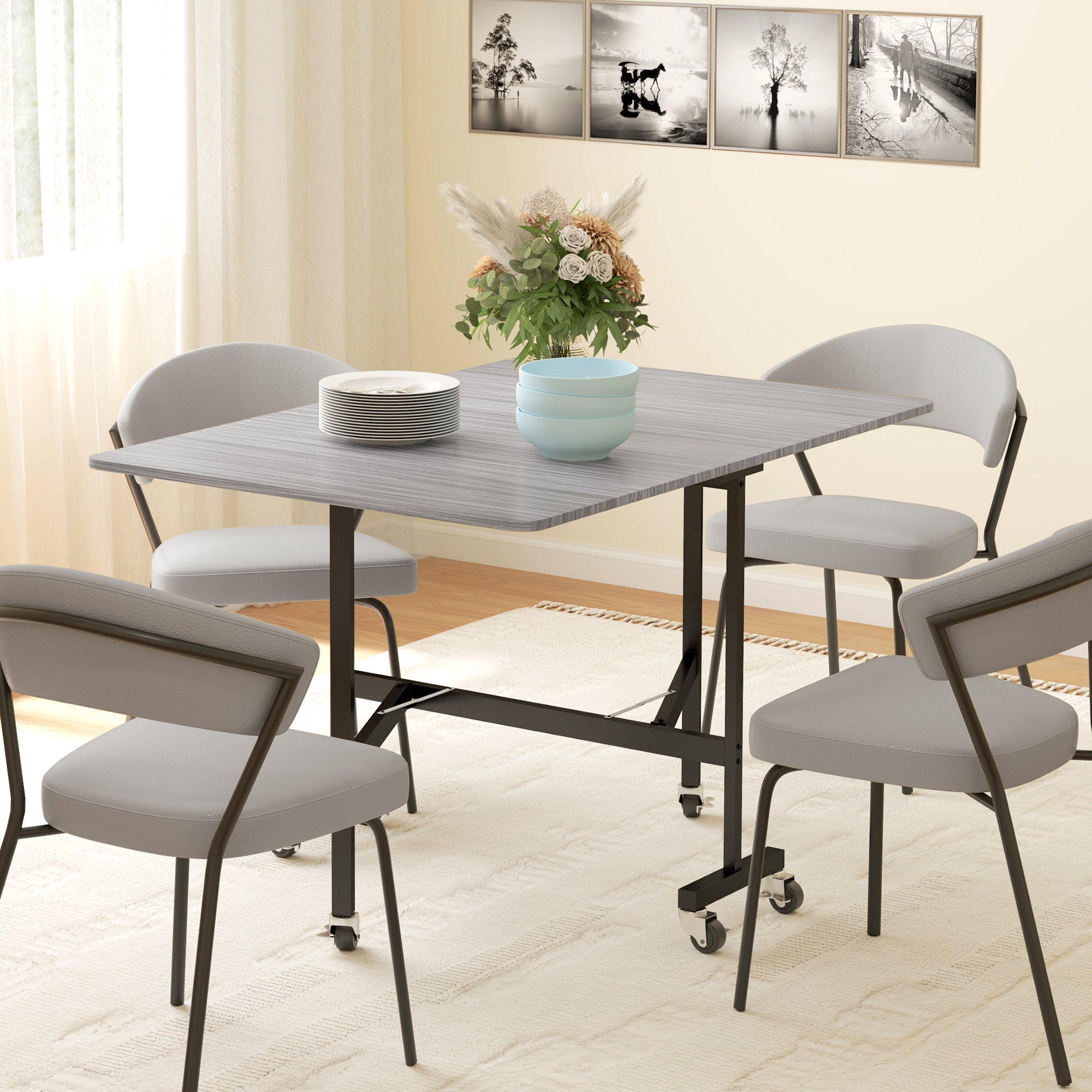 Mobile Drop Leaf Table, Folding Dining Table with 6 Wheels & Brakes, Kitchen Table for Small Spaces, Grey
