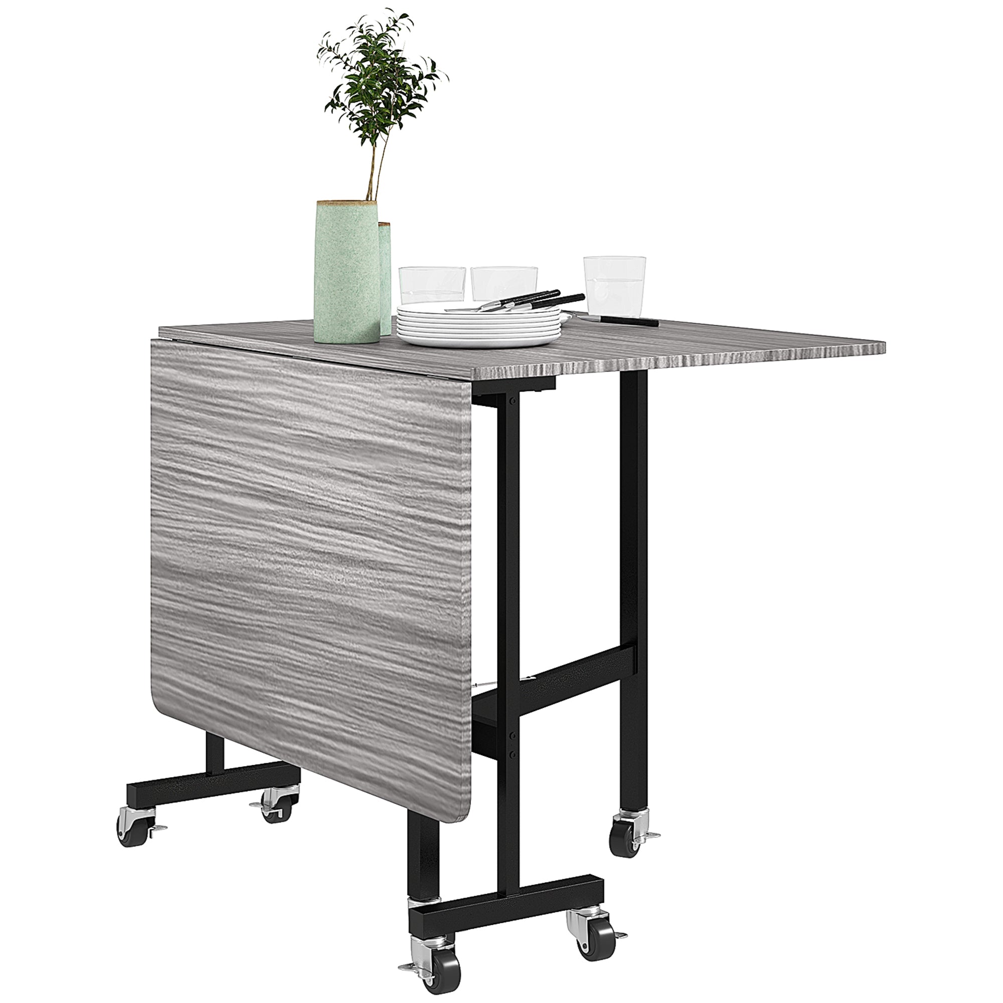Mobile Drop Leaf Table, Folding Dining Table with 6 Wheels & Brakes, Kitchen Table for Small Spaces, Grey