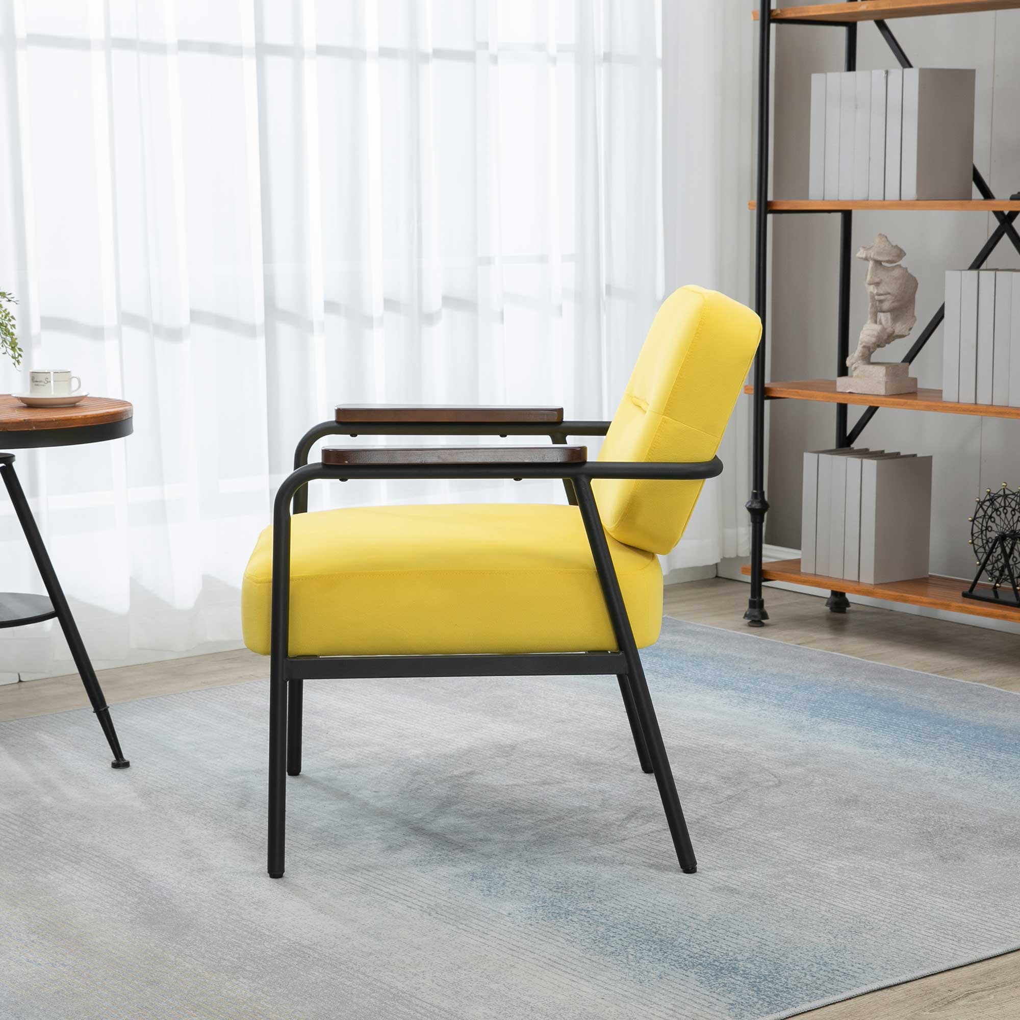 Accent Chair with Cushioned Seat, Upholstered Velvet Armchair, Yellow