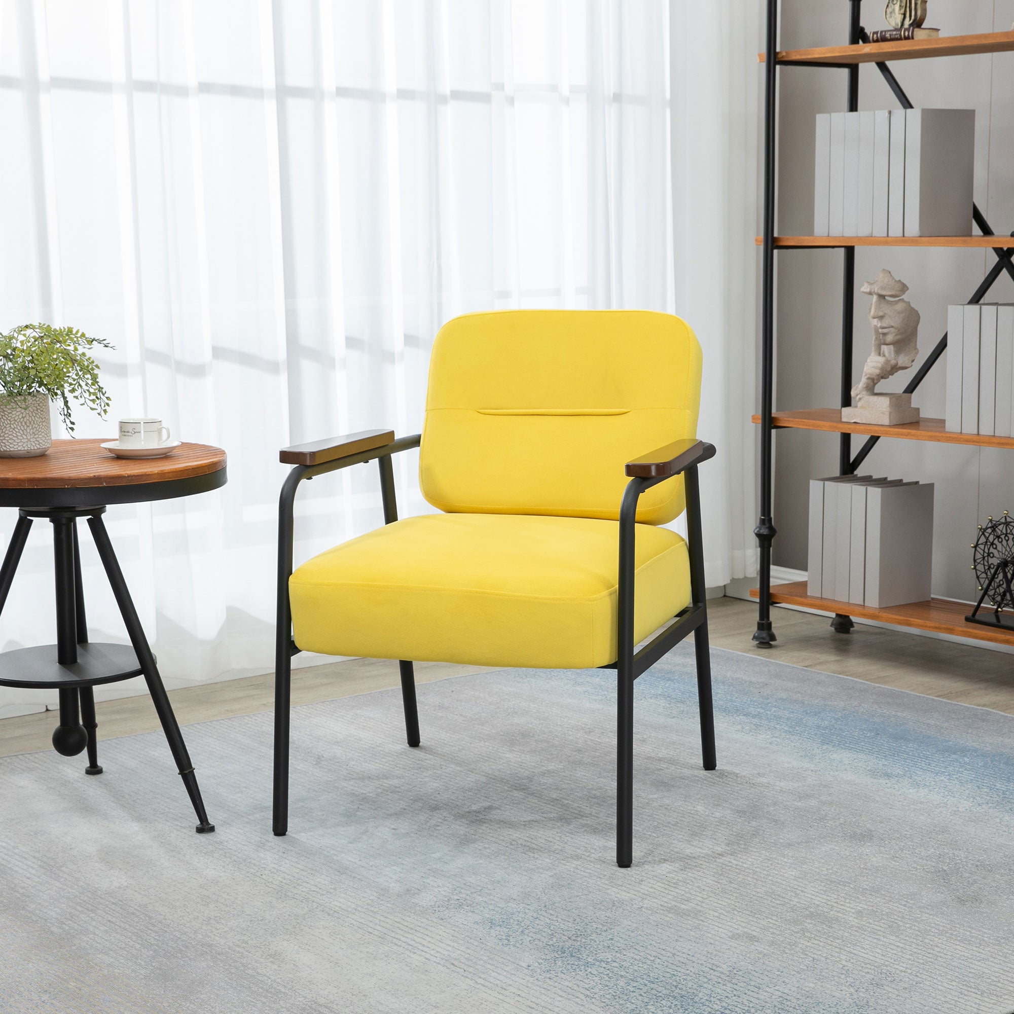 Accent Chair with Cushioned Seat, Upholstered Velvet Armchair, Yellow
