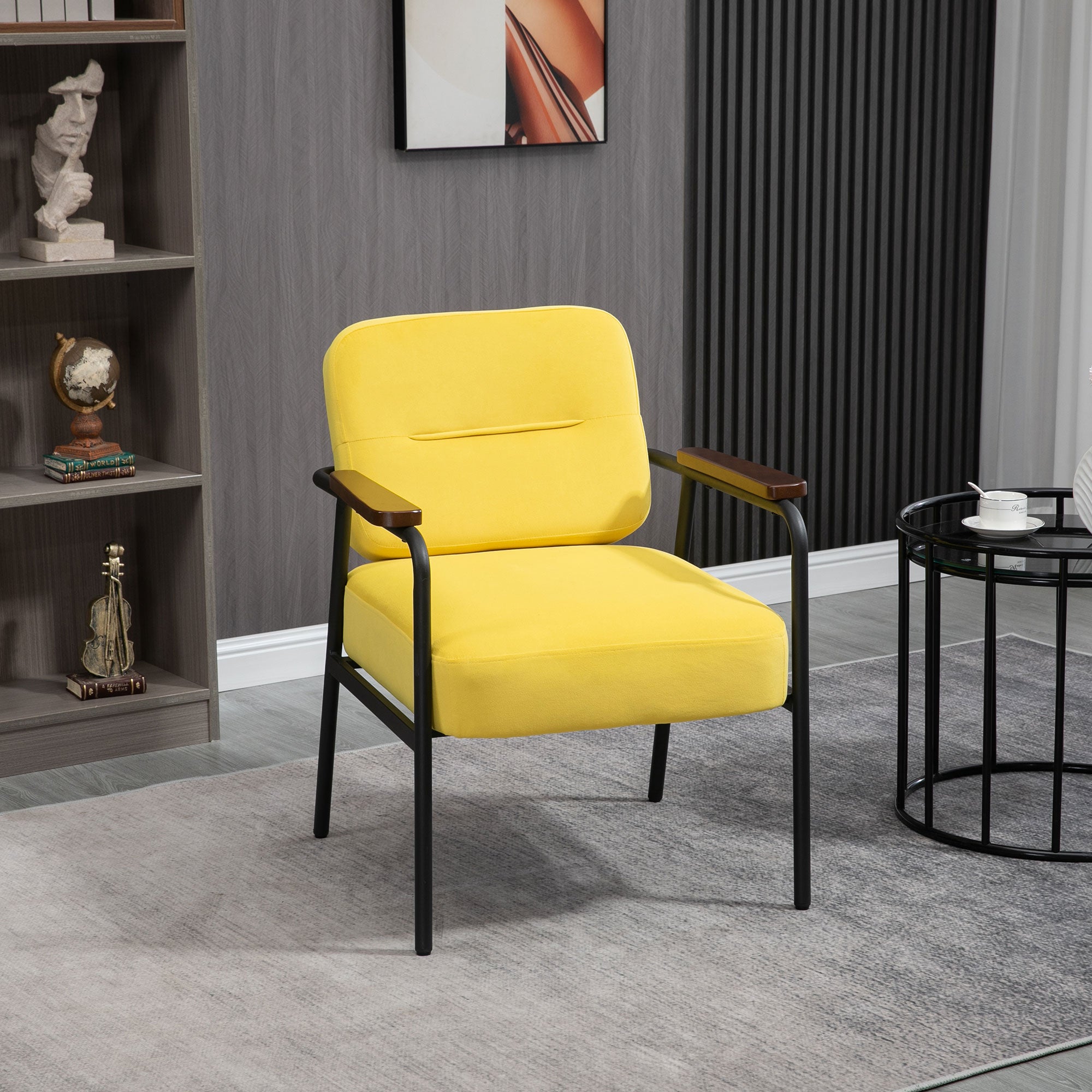 Accent Chair with Cushioned Seat, Upholstered Velvet Armchair, Yellow