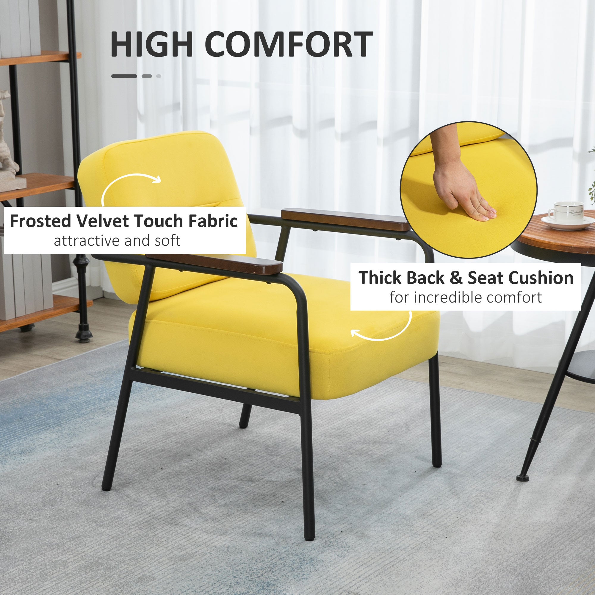 Accent Chair with Cushioned Seat, Upholstered Velvet Armchair, Yellow