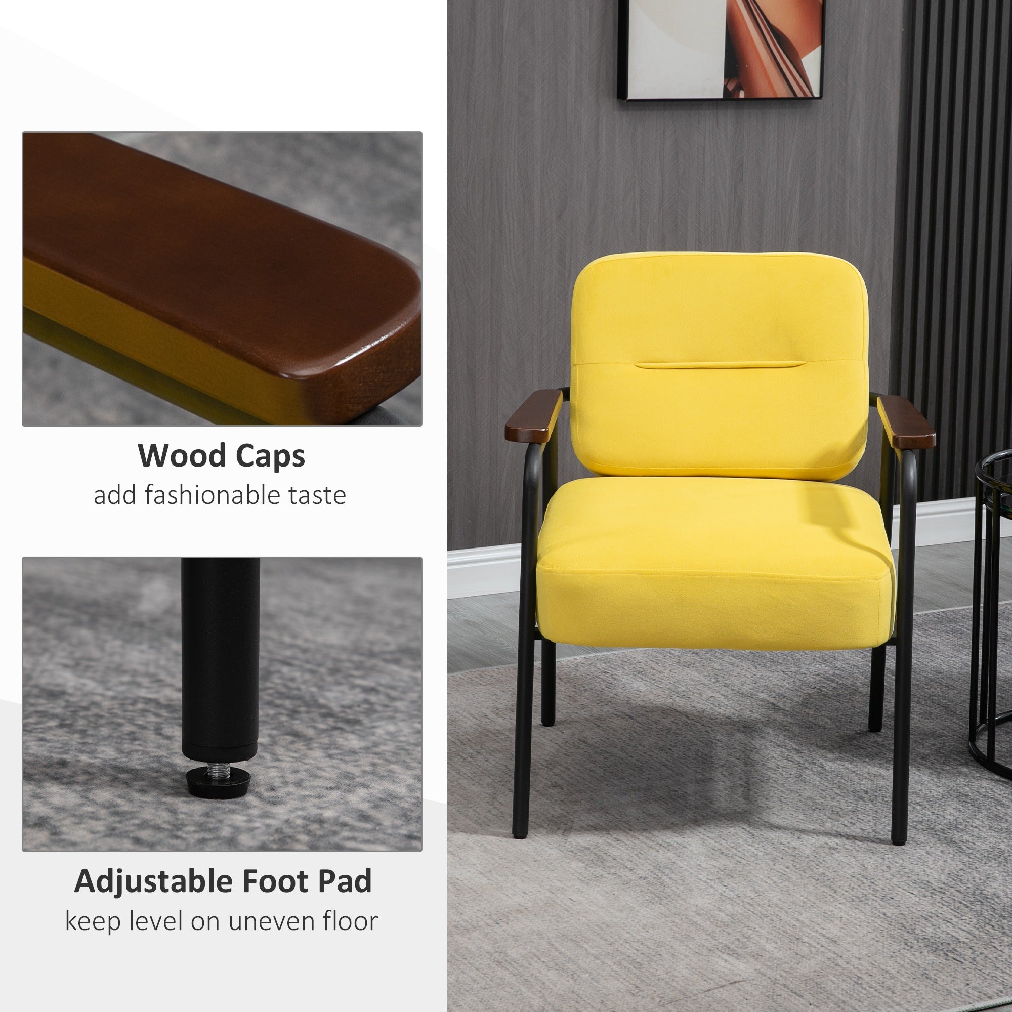 Accent Chair with Cushioned Seat, Upholstered Velvet Armchair, Yellow