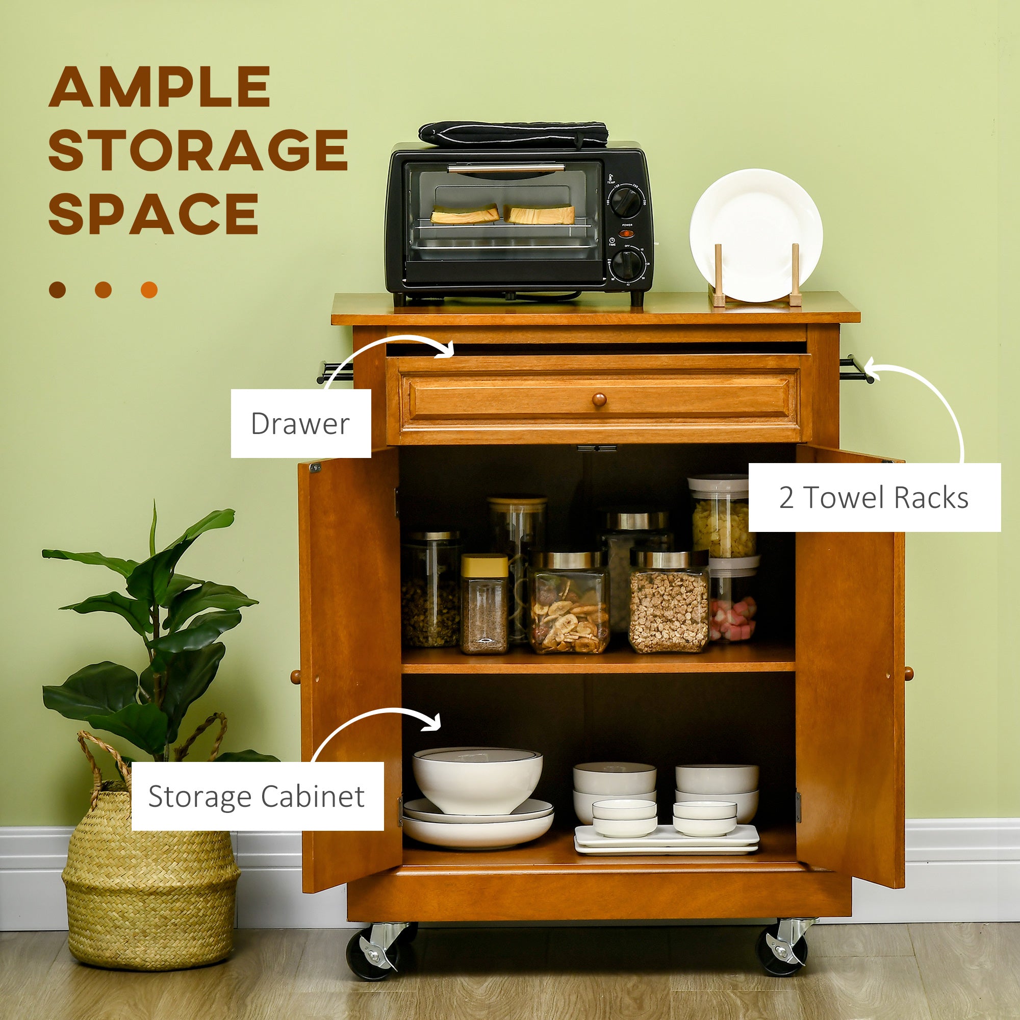 36" Wide Rolling Kitchen Cart with Storage Cabinet, Drawer & Towel Racks, Brown