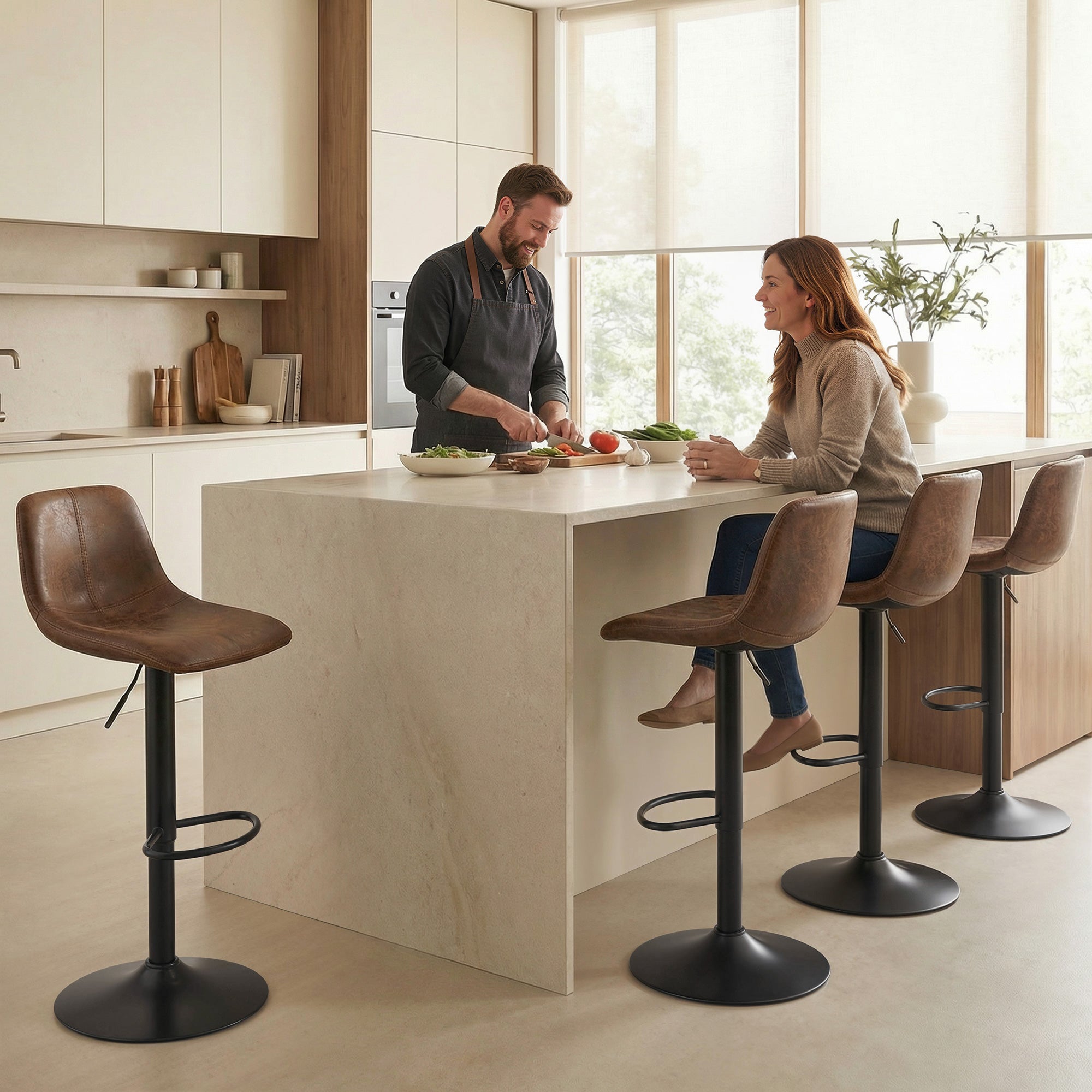 Bar Stools Set of 2, Modern Swivel Barstools, Height Adjustable Breakfast Bar Chairs with Footrest for Kitchen Island and Dining Room, Brown