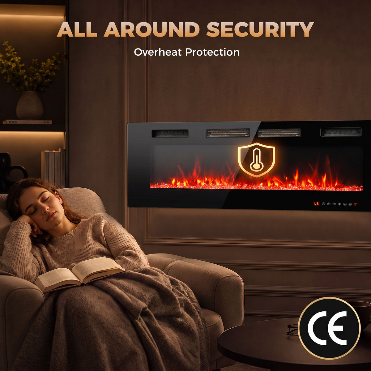 60\" Electric Fireplace Insert, Ultra-Thin Recessed, Wall Mounted and Freestanding Fireplace w/ Flame Effect, Adjustable Brightness, Crystal Stone, Remote, 750W/1500W, Black