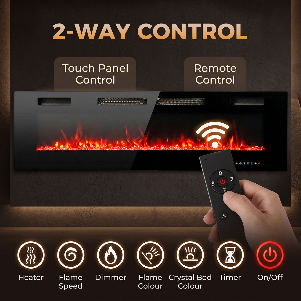 60\" Electric Fireplace Insert, Ultra-Thin Recessed, Wall Mounted and Freestanding Fireplace w/ Flame Effect, Adjustable Brightness, Crystal Stone, Remote, 750W/1500W, Black