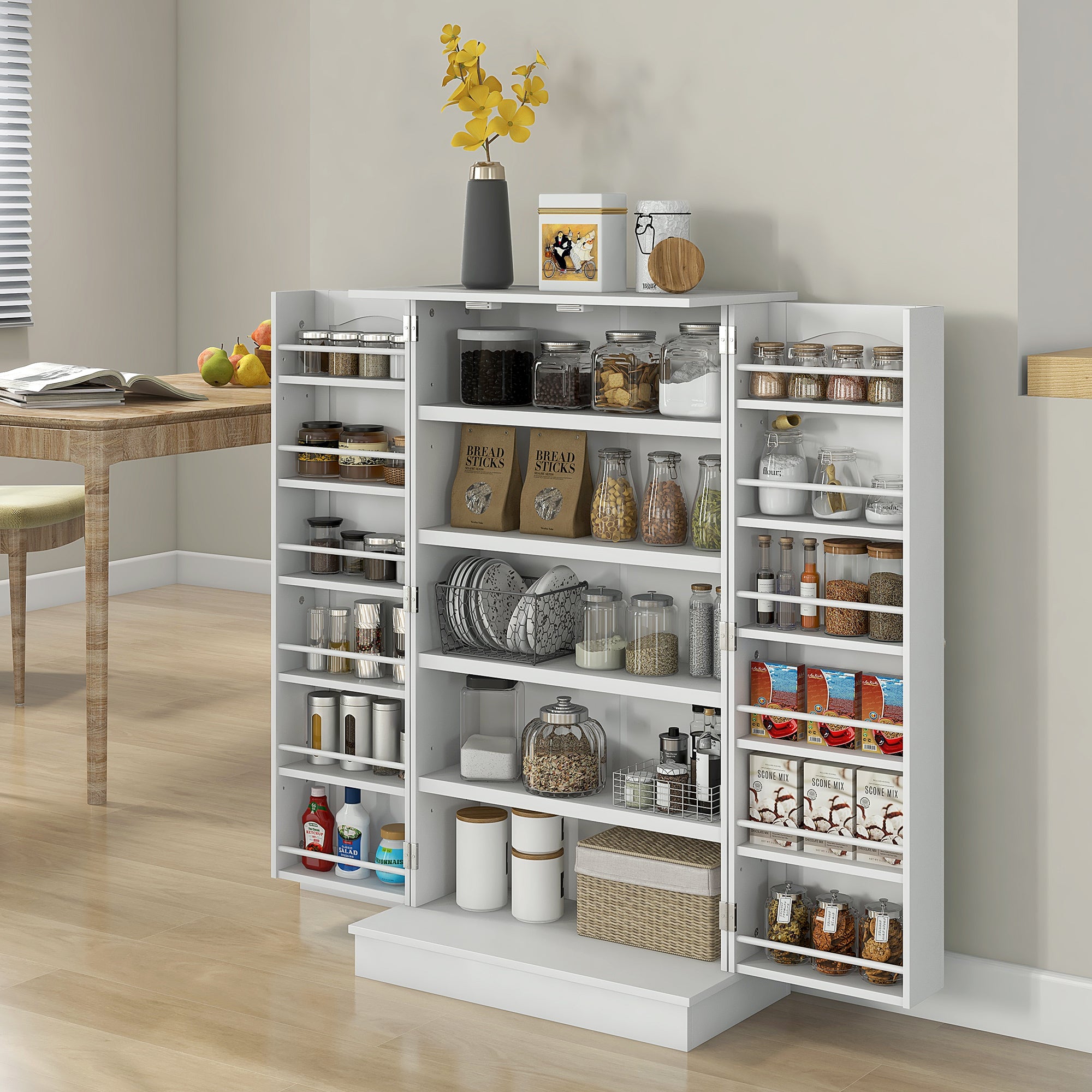 41" Kitchen Pantry Cabinet, 2-Door Buffet Storage Cabinet with 12 Spice Racks and Adjustable Shelves, White