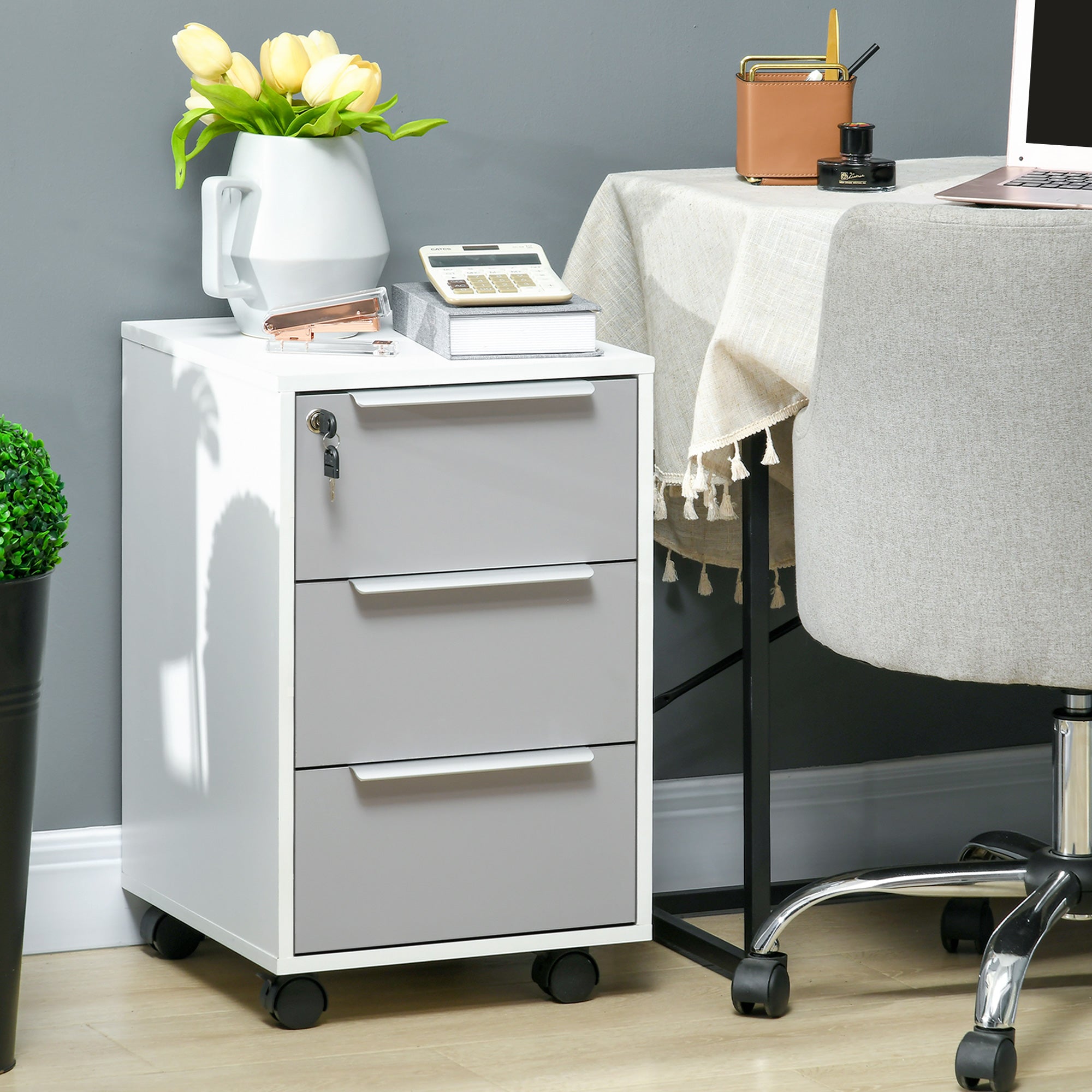 HOMCOM 3-Drawer Locking File Cabinet Mobile Chest of Drawers Side Table on Wheels for Home Office, Bedroom and Living room