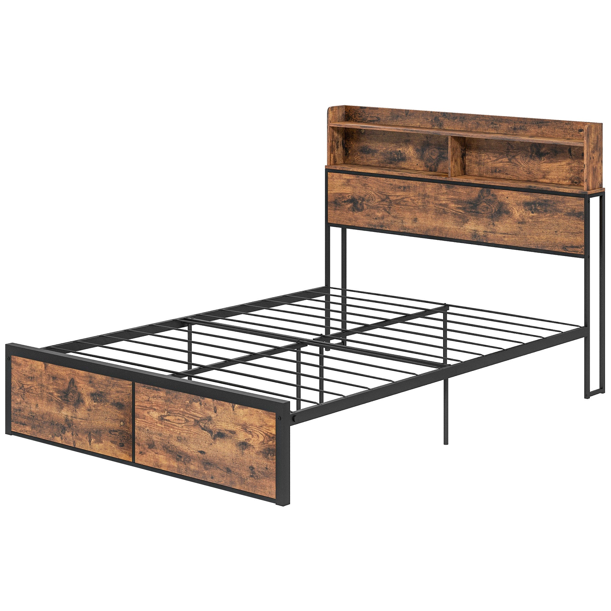 HOMCOM Industrial Double Bed Frame, 4.8FT Steel Bed Base with Storage Headboard, Footboard, Slatted Support and Under Bed Storage, 145 x 209cm, Rustic Brown