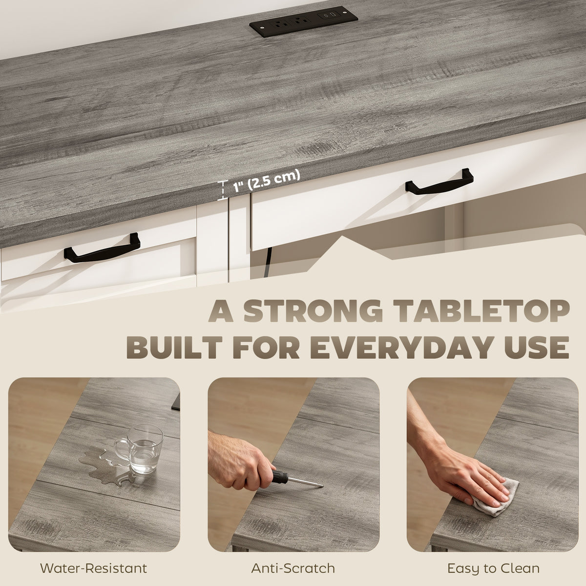 Farmhouse 57" Executive Desk with 7 Drawers, Computer Desk with Power Outlets & USB Charging, Hanging Bar for A4 and Letter, Home Office, Study, Grey Brown and White