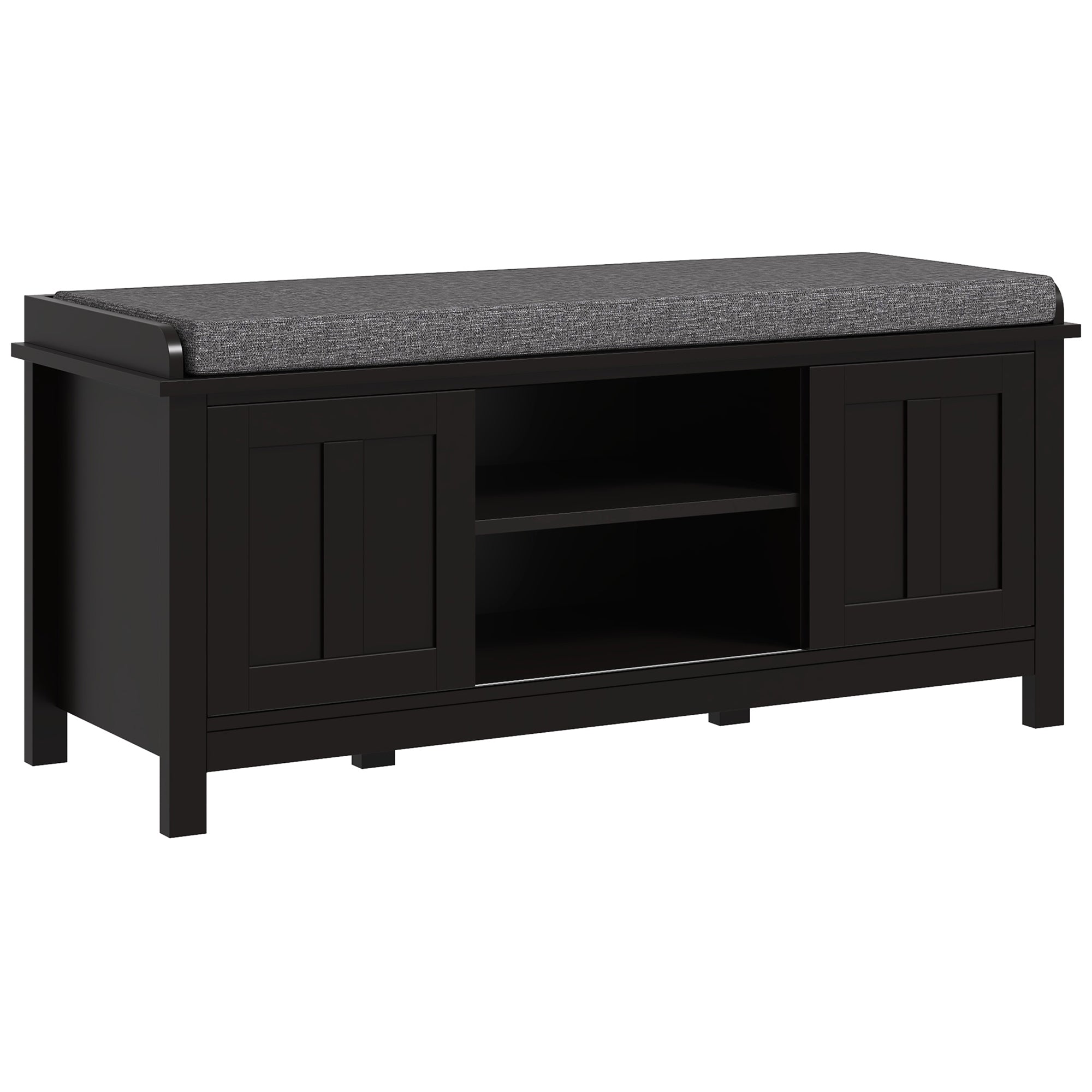 Modern Shoe Storage Bench with Cushion & 2 Sliding Doors, Holds 10 Pairs, Black