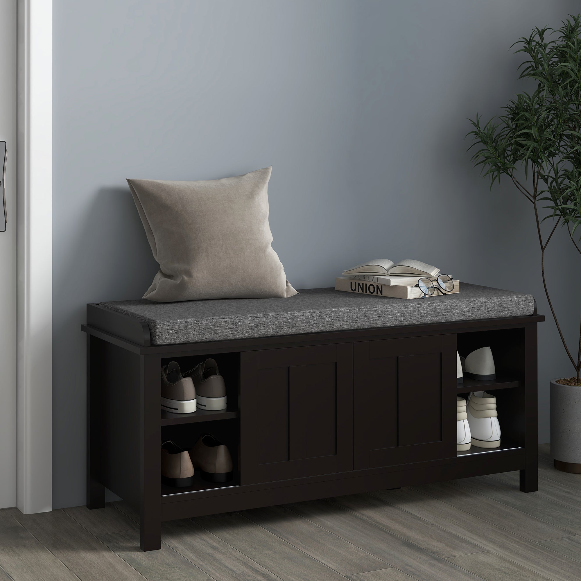 Modern Shoe Storage Bench with Cushion & 2 Sliding Doors, Holds 10 Pairs, Black - HOMCOM