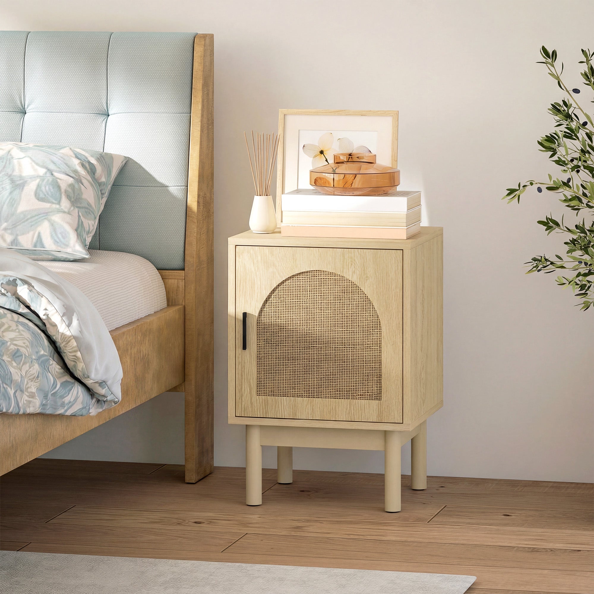 Rattan Bedside Table, Boho Bedside Cabinet with Adjustable Shelf and Solid Wood Legs, Side Table for Living Room, Bedroom, Natural Wood
