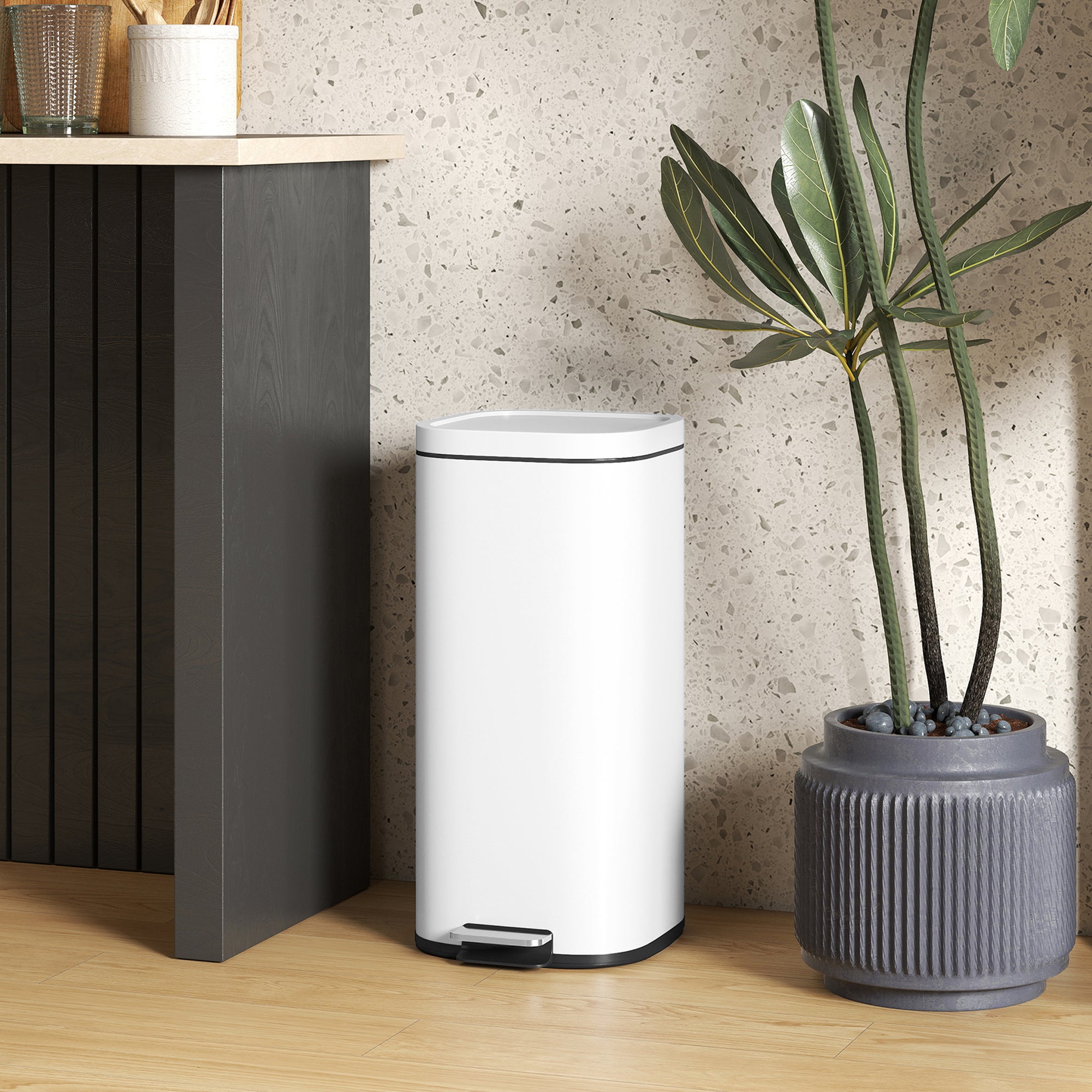 30L Kitchen Bin with Lid, Compact Pedal Bin with Soft-Close and Stay-Open Lid, Removable Inner Bucket, Fingerprint-Resistant for Kitchen, Home, Office, Bedroom, White