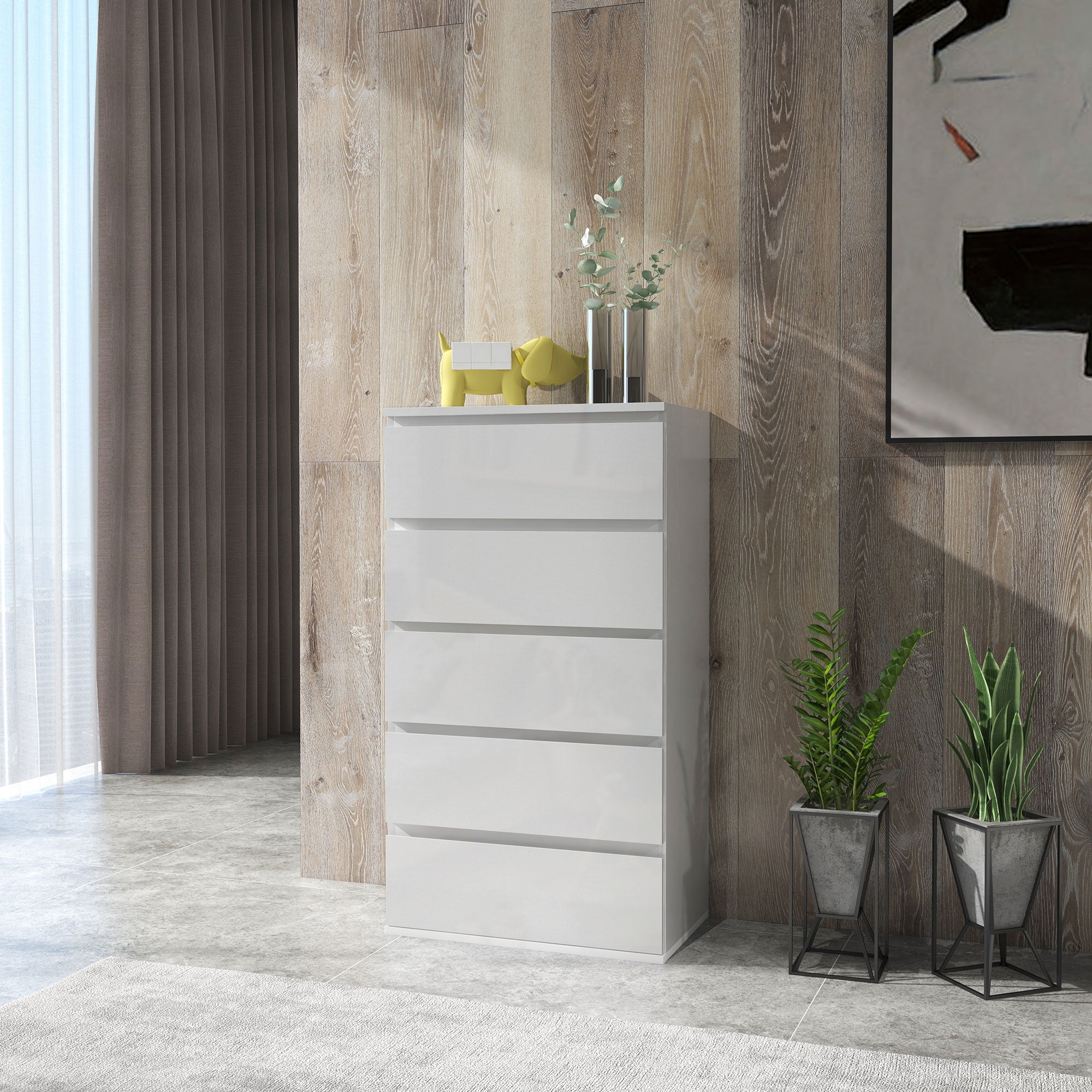 HOMCOM High Gloss Chest of Drawers, 5 Drawers Dresser, Modern Storage Drawer Unit with Soft Closing Mechanism for Bedroom, White