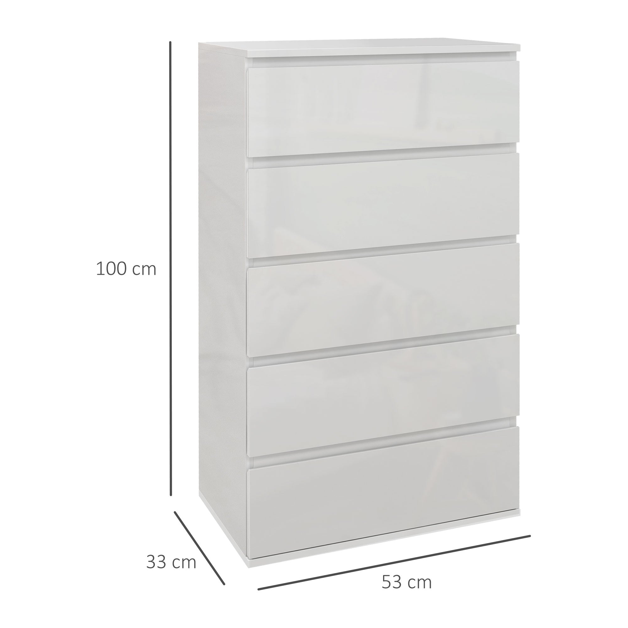 HOMCOM High Gloss Chest of Drawers, 5 Drawers Dresser, Modern Storage Drawer Unit with Soft Closing Mechanism for Bedroom, White