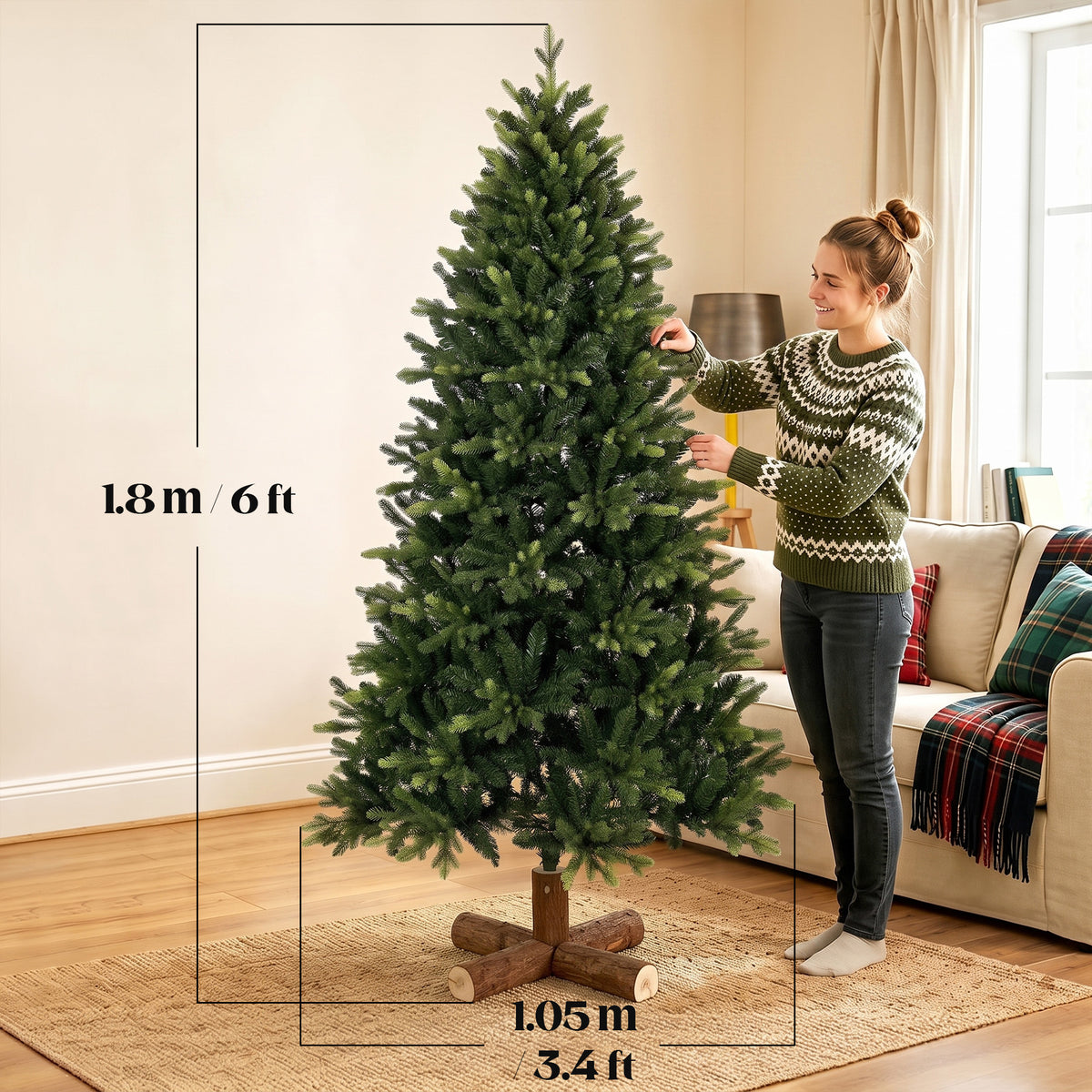 6ft Artificial Christmas Tree, Hinged Xmas Tree with 2419 PE & PVC Branch Tips, Solid Fir Wood Stand, Auto Open for Home Office Holiday Decoration, Green