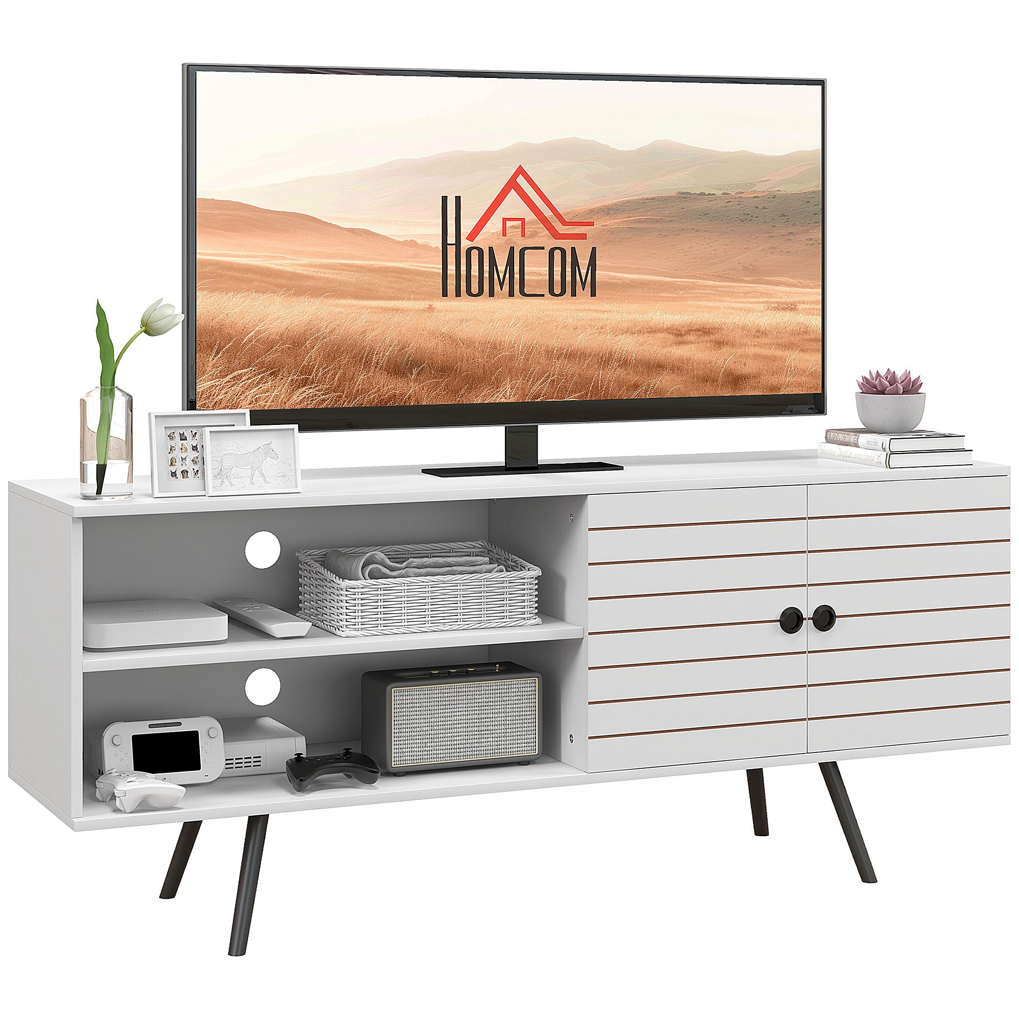 HOMCOM TV Stand Cabinet for 65 Inch TVs, TV Unit with Open Shelves, Soft-close Door and Cable Holes, Entertainment Unit for Living Room, White