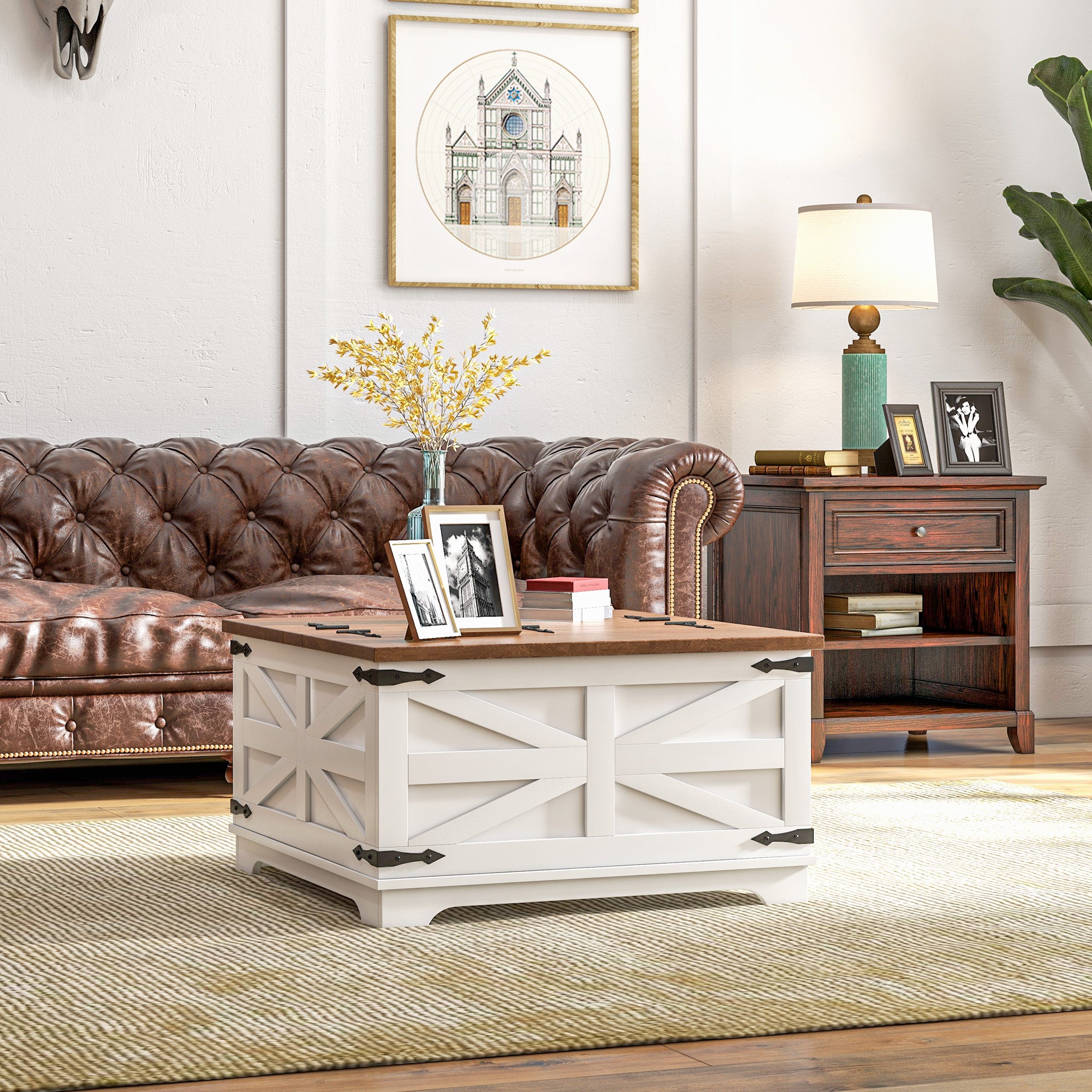 Farmhouse Square Center Table w/ Flip-top Lids & Hidden Storage Compartment, White
