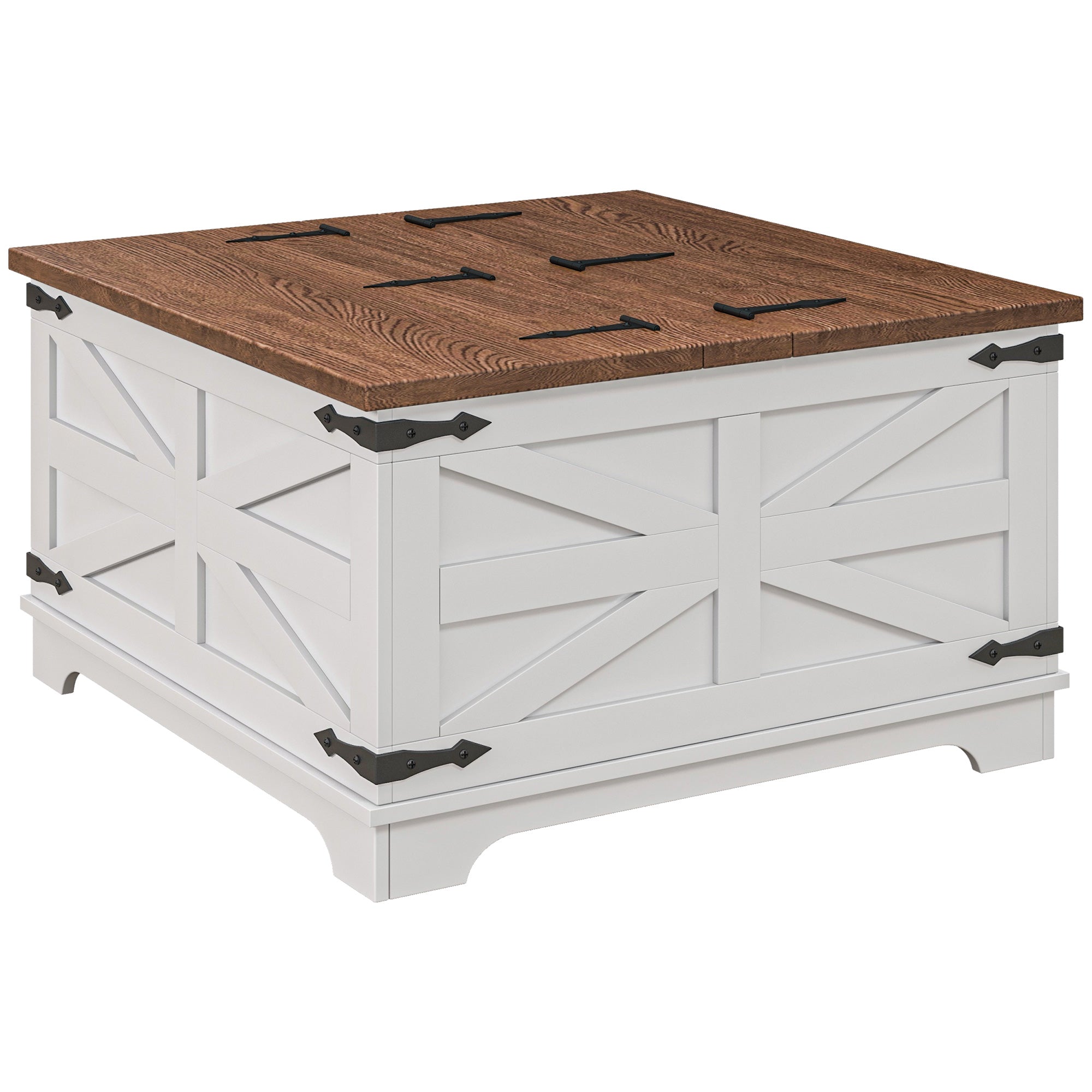 Farmhouse Square Center Table w/ Flip-top Lids & Hidden Storage Compartment, White
