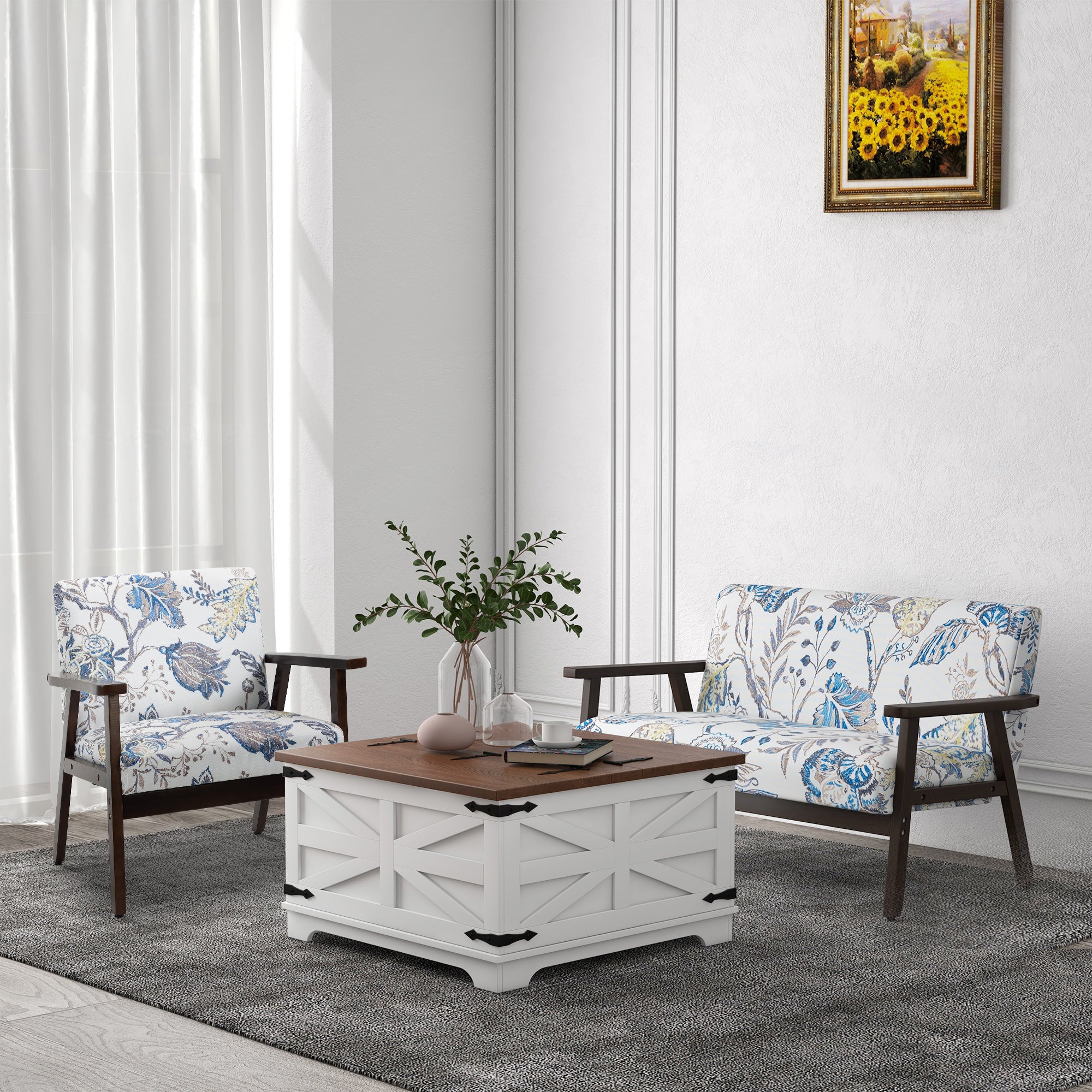 Farmhouse Square Center Table w/ Flip-top Lids & Hidden Storage Compartment, White